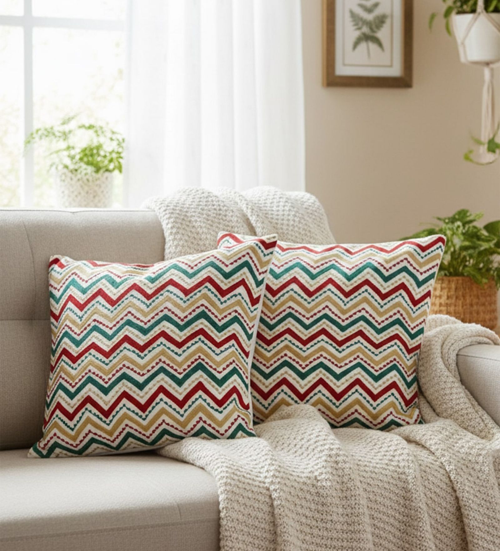Set of 2 Embroidered Chevron Throw Cushion Covers (18x18)