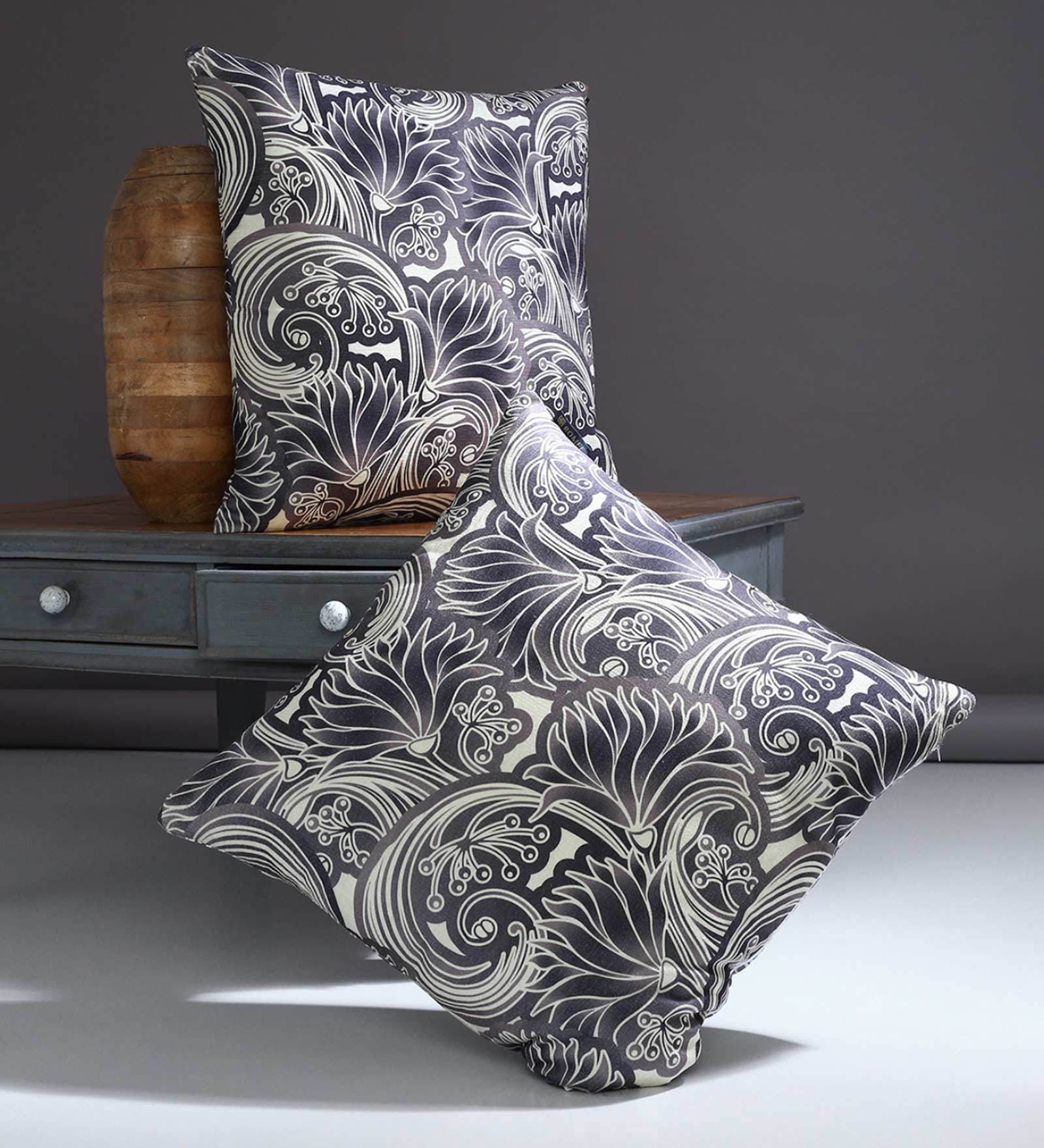 Black Chenille Floral 24x24 inches Cushion Cover (2Pc)