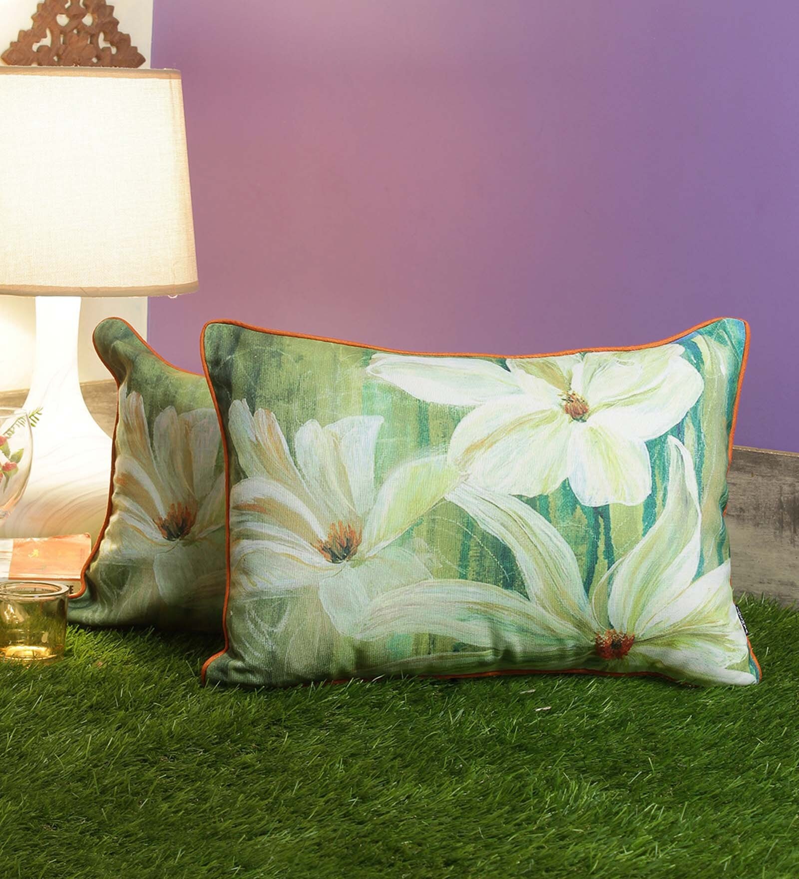 Green Floral Polyester Blend 12 x 18 Inches Cushion Covers (Set of 2)