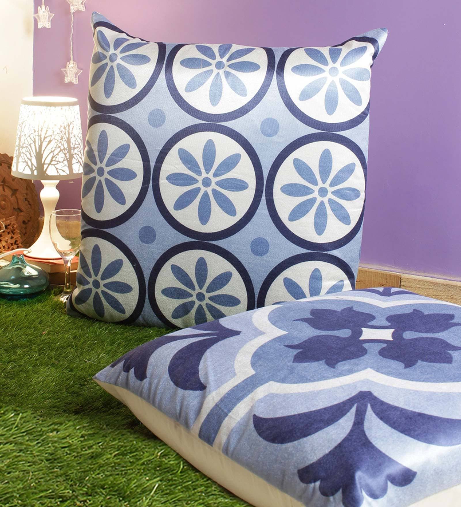Blue Velvet Floral 24x24 inches Cushion Cover (2Pc)