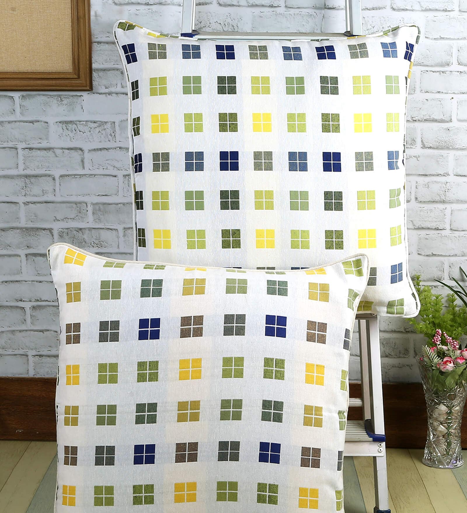 White Geometric Cotton 24 x 24 Inches Cushion Covers (Set of 2)