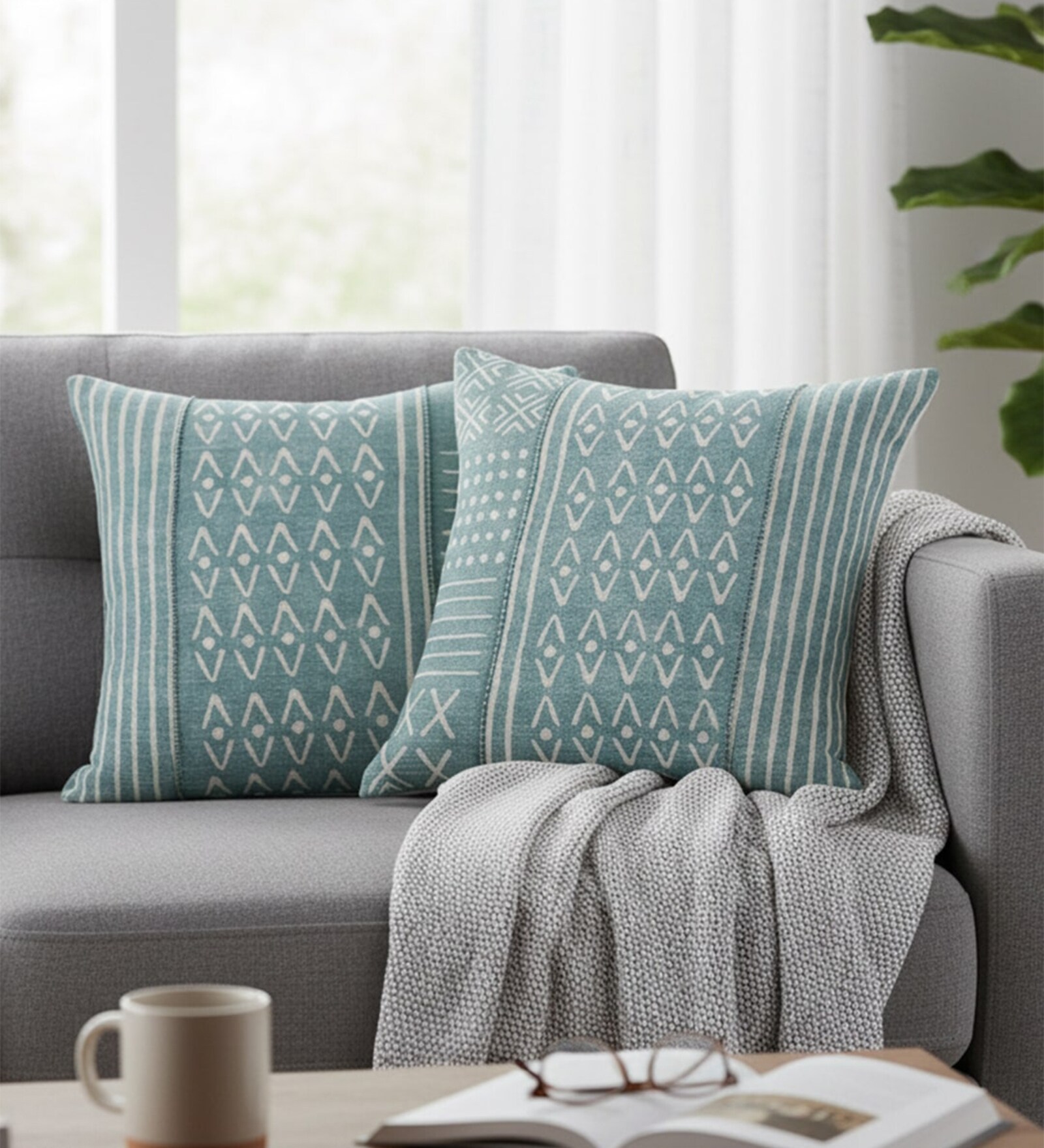 Set of 2 Geometric Tribal Print Throw Cushion Covers (18x18)