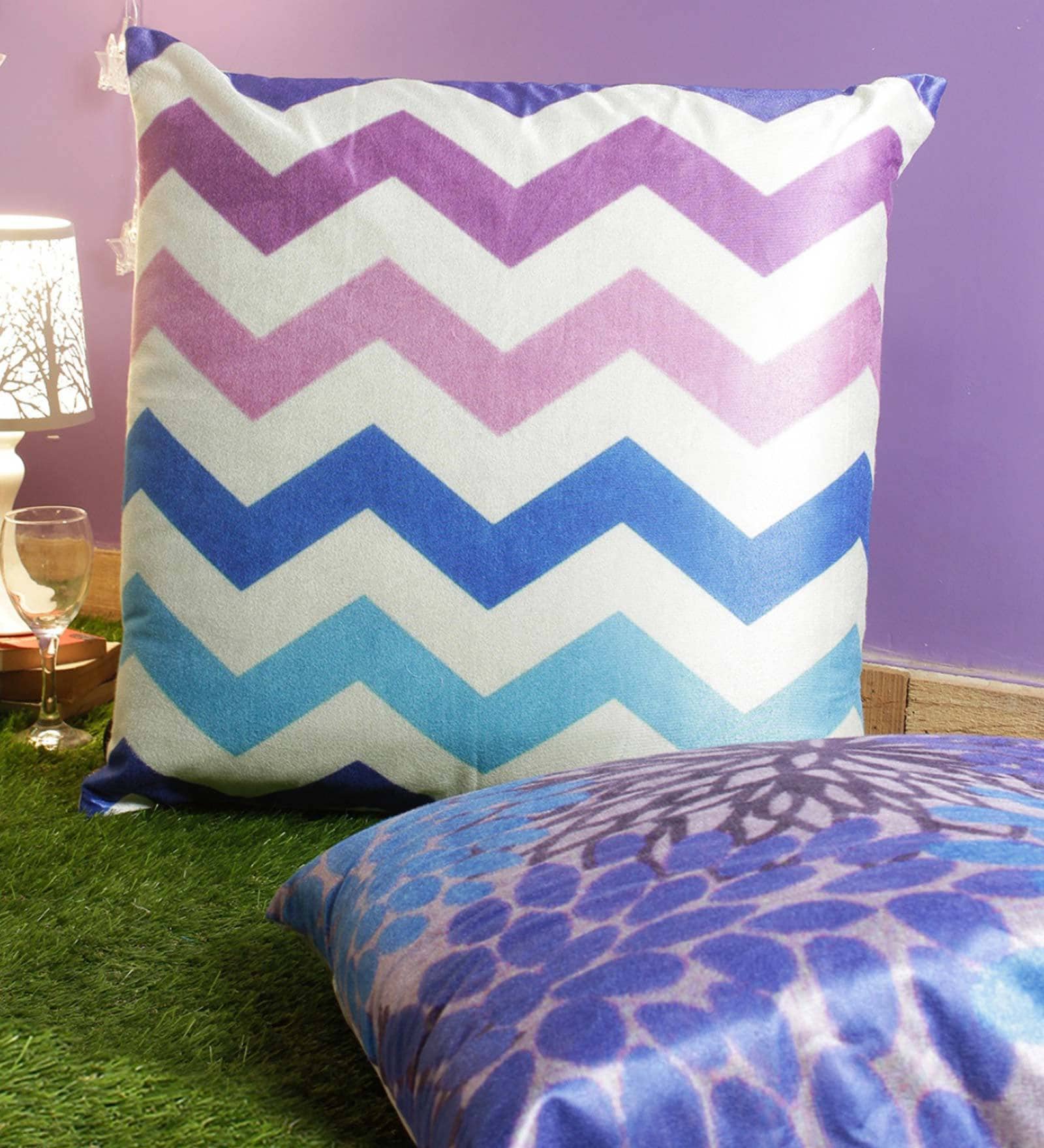 Blue Velvet Geometric 24x24 inches Cushion Cover (2Pc)