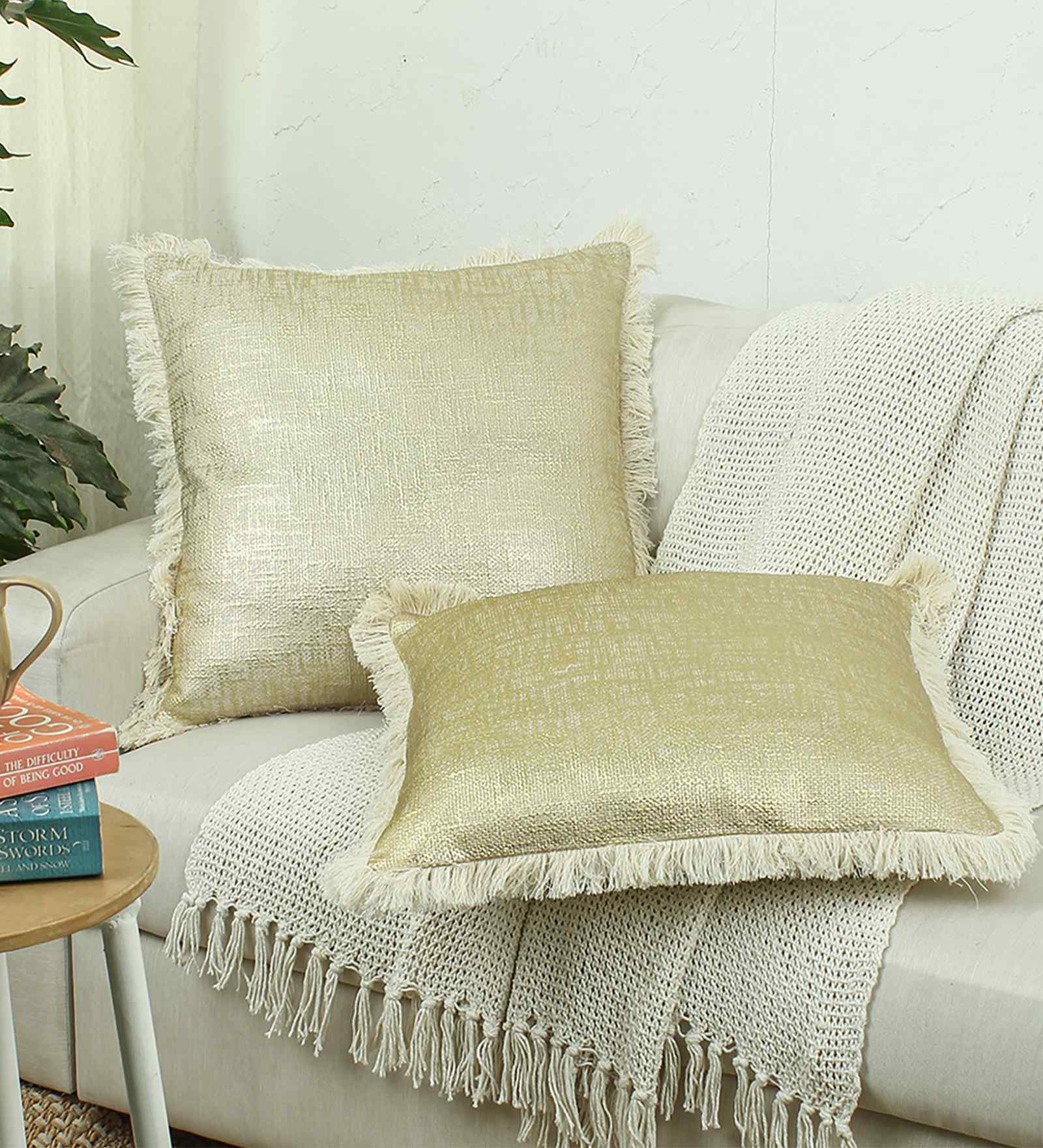 Set Of 2 Gold Cotton Textured Cushion Covers