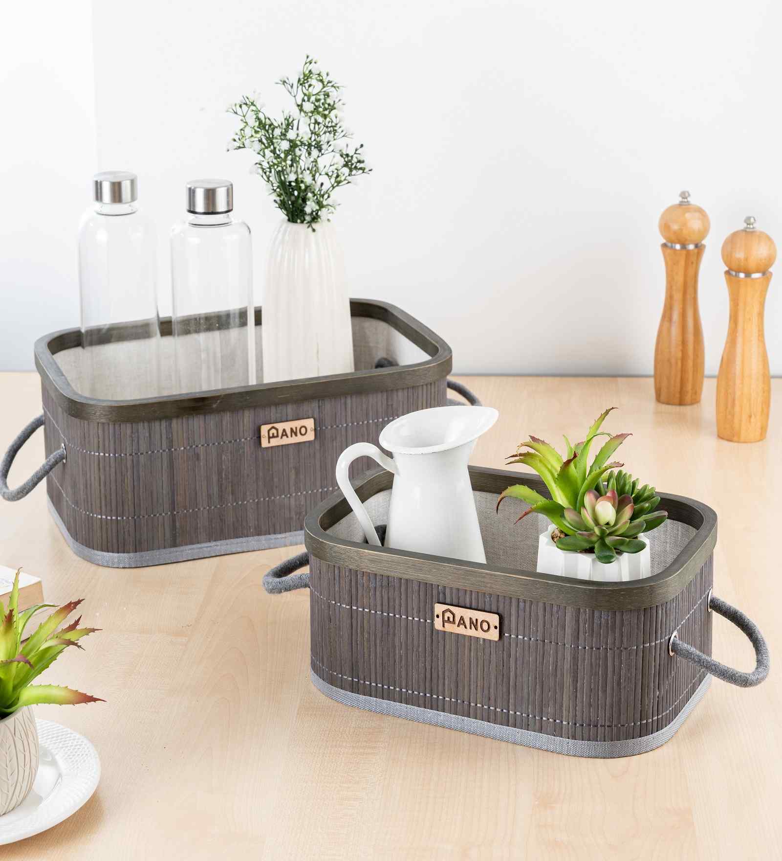 Set Of 2 Grey Bamboo Oval Rattan Organiser