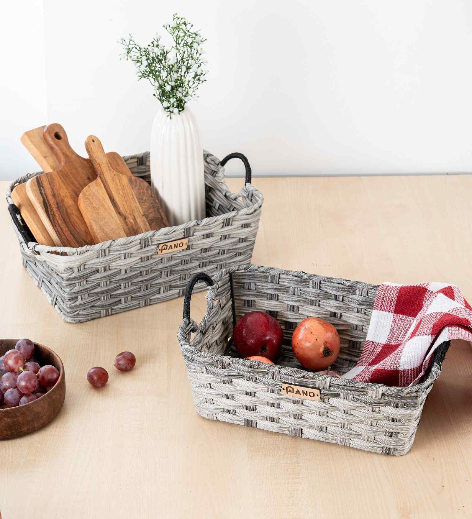 Set Of 2 Grey Plastic  Rectangular Wicker Organiser