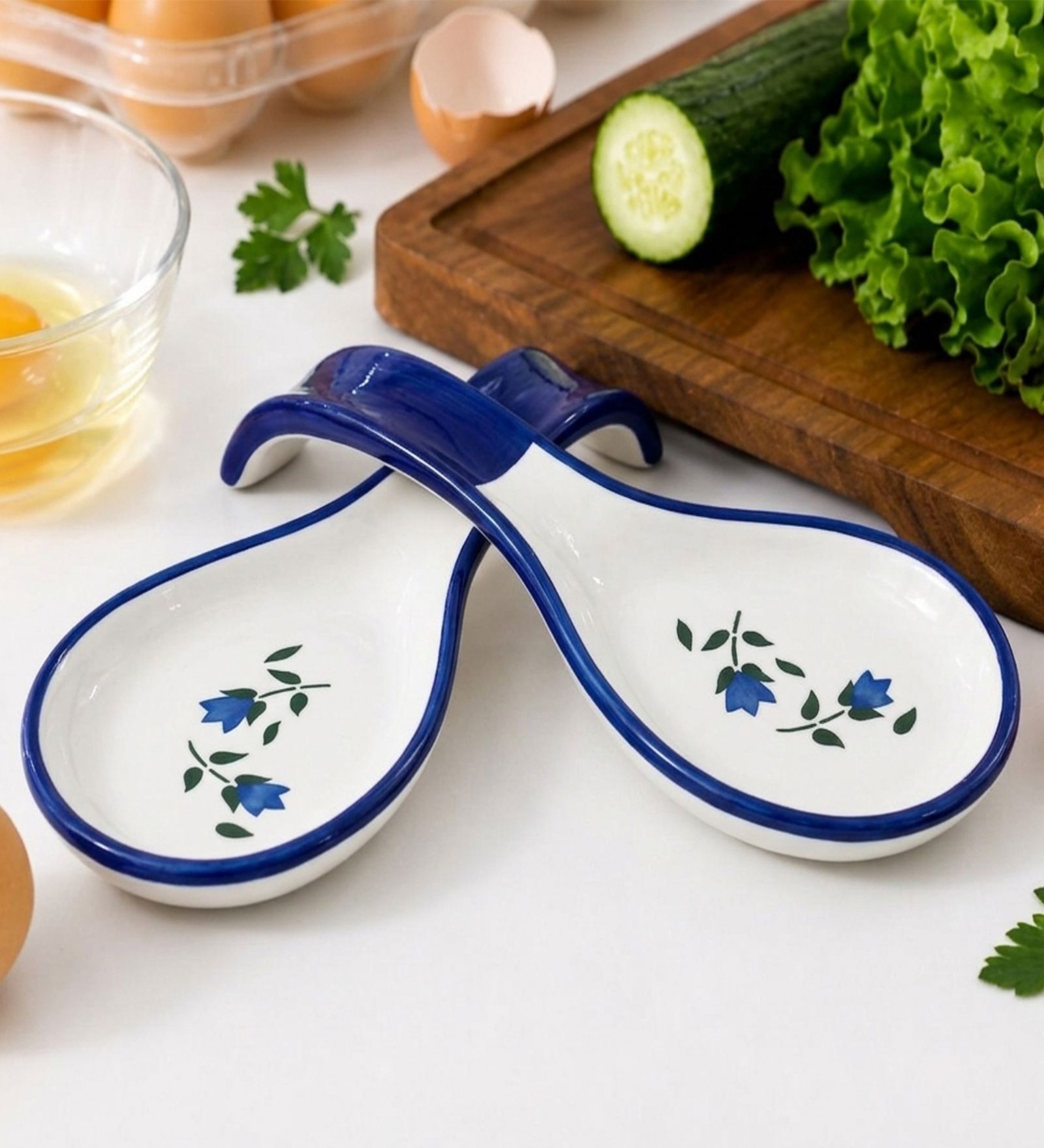 Set of 2 Blue Hand-Painted Ceramic Spoon Rest