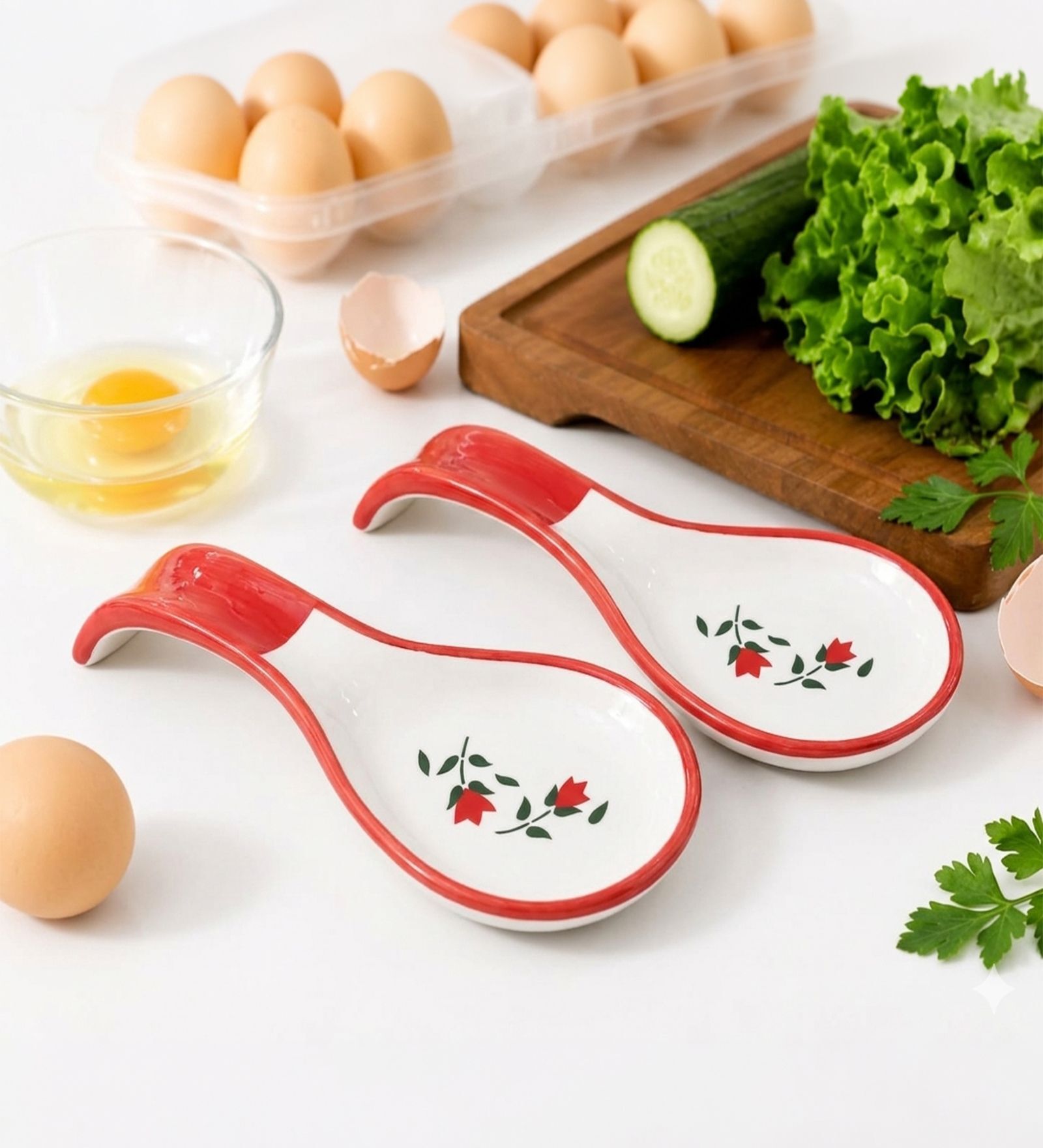Set of 2 Red Hand-Painted Ceramic Spoon Rest