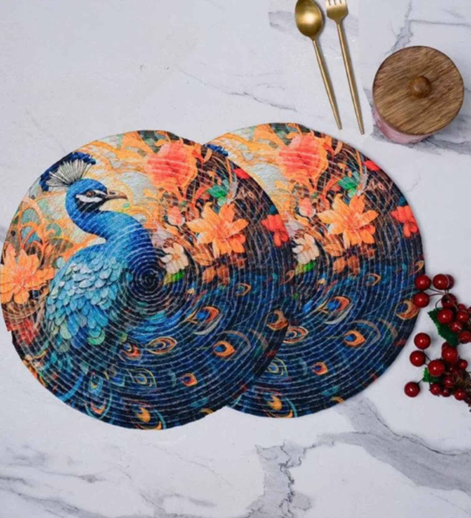 Set Of 2 Handcrafted Round Jute Table Mat With Vibrant Peacock Design