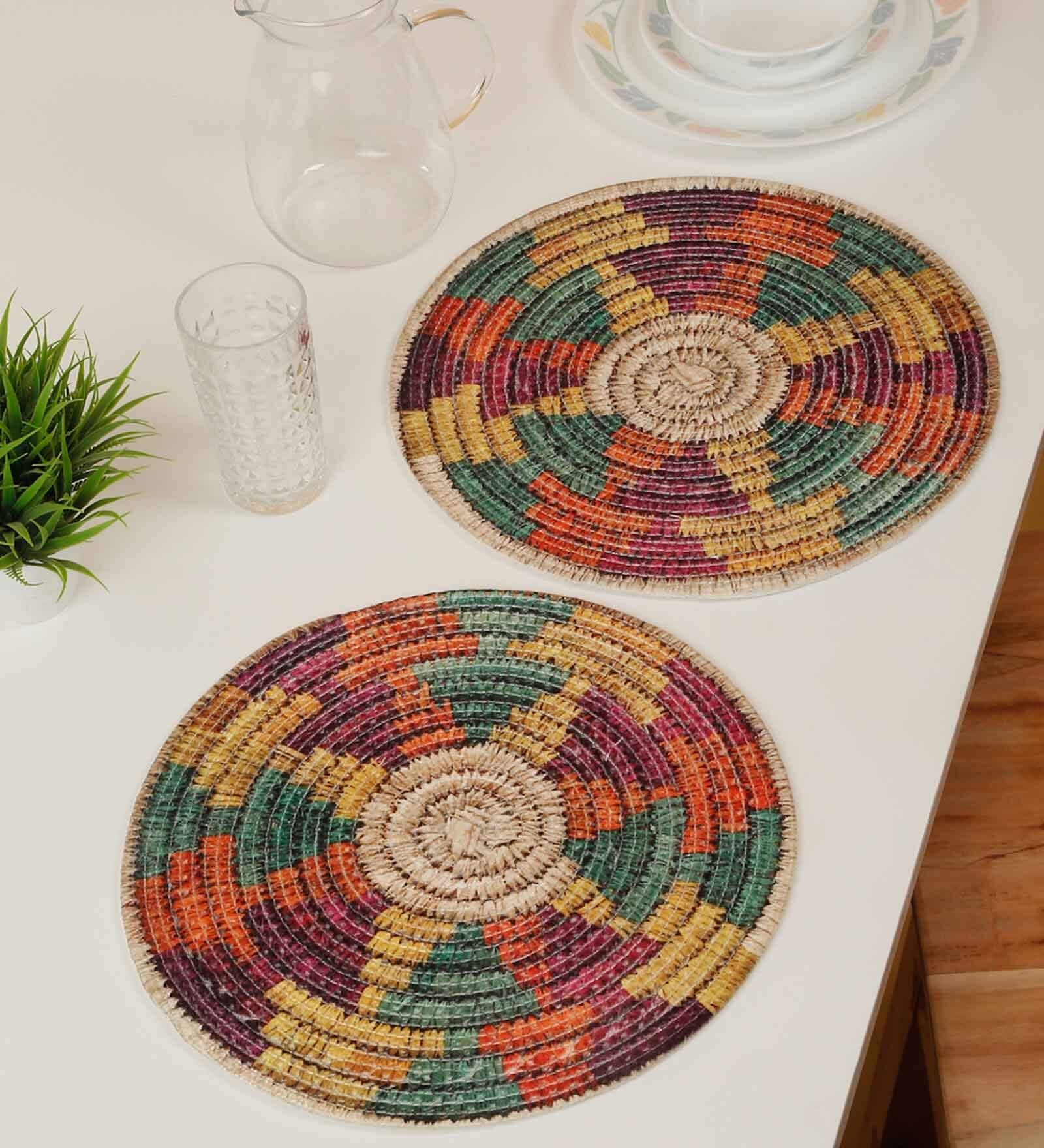 Set of 2 Jute Material Geometric Reversible Table Runners