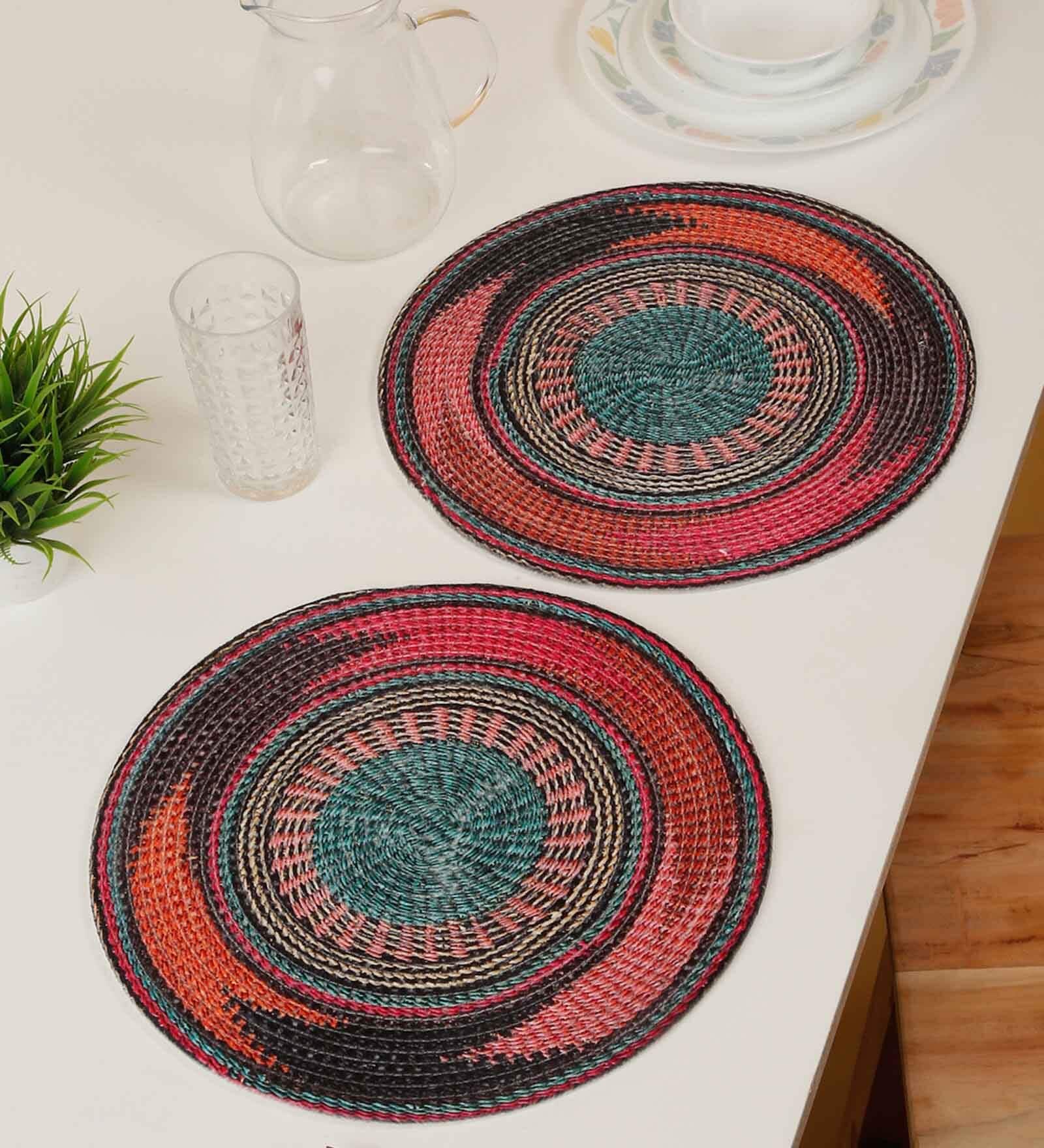 Set of 2 Jute Material Geometric Reversible Table Runners