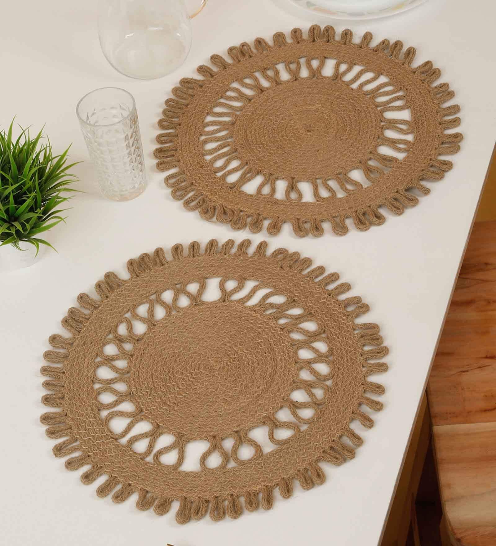 Set of 2 Jute Material Geometric Reversible Table Runners