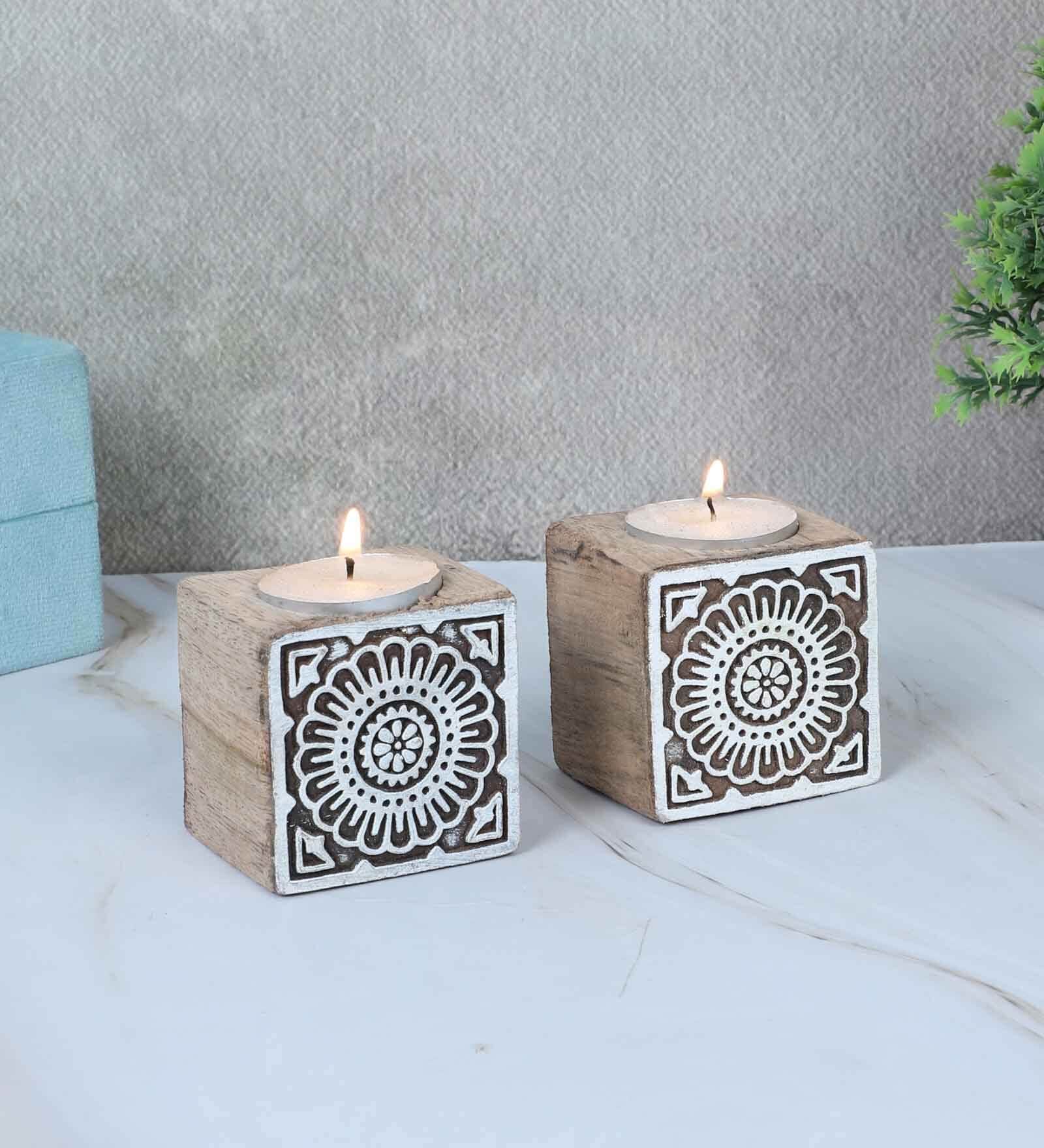 Set Of 2 Mangowood Cube Tealight Holders