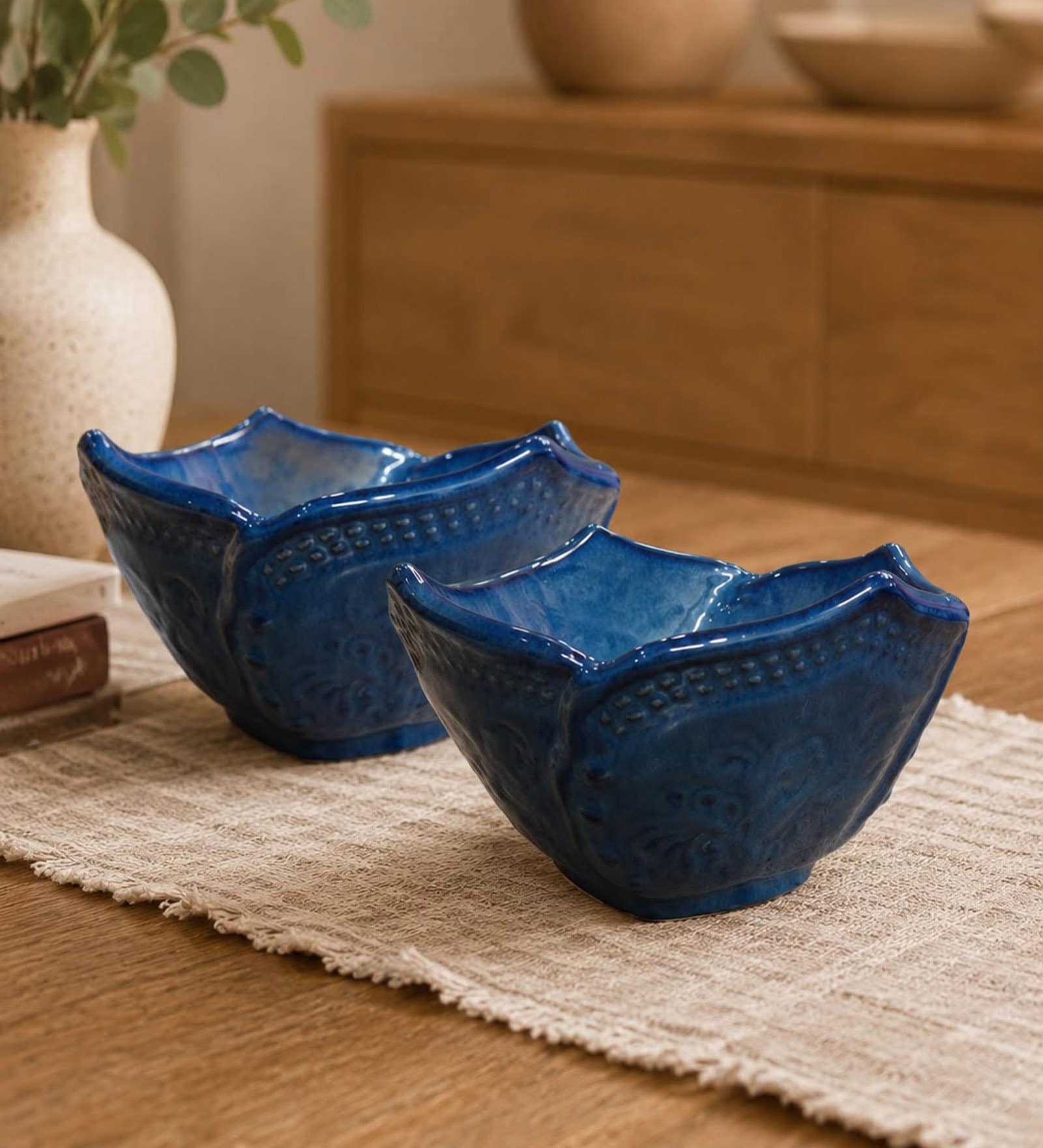 Midnight Blue Textured Ceramic Bowls, 500 Ml (Set Of 2)
