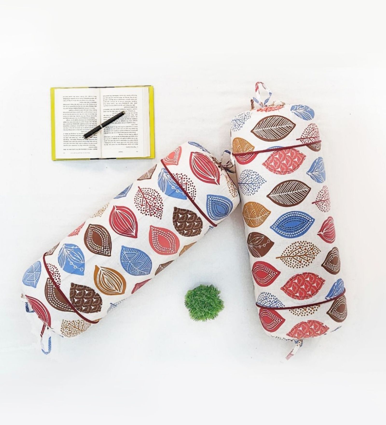 Set of 2 Multicolor Leaf Print 100% Cotton Bolster Covers   White Base, Soft & Stylish