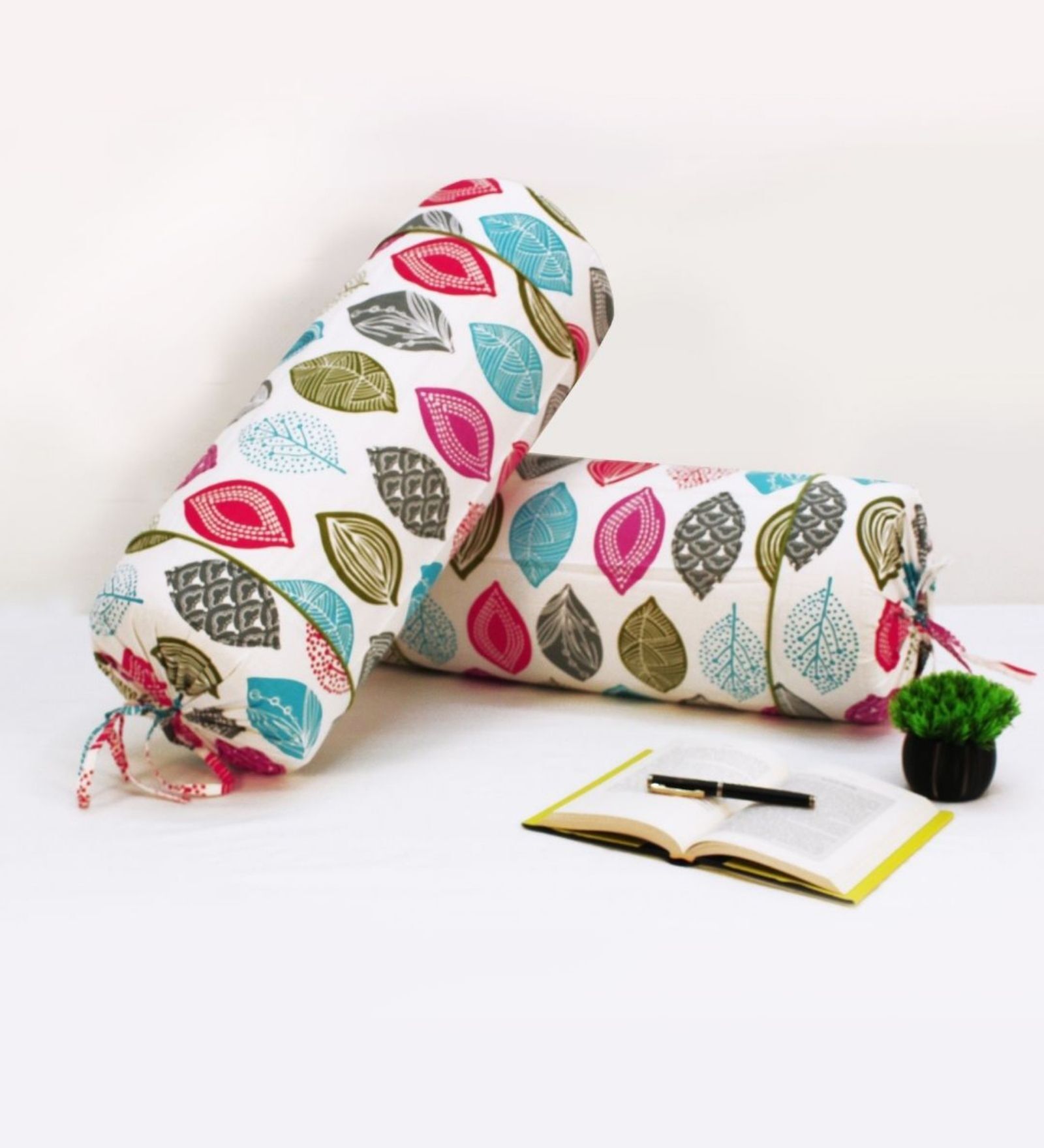 Set of 2 Multicolor Leaf Print 100% Cotton Bolster Covers   White Base, Soft & Stylish