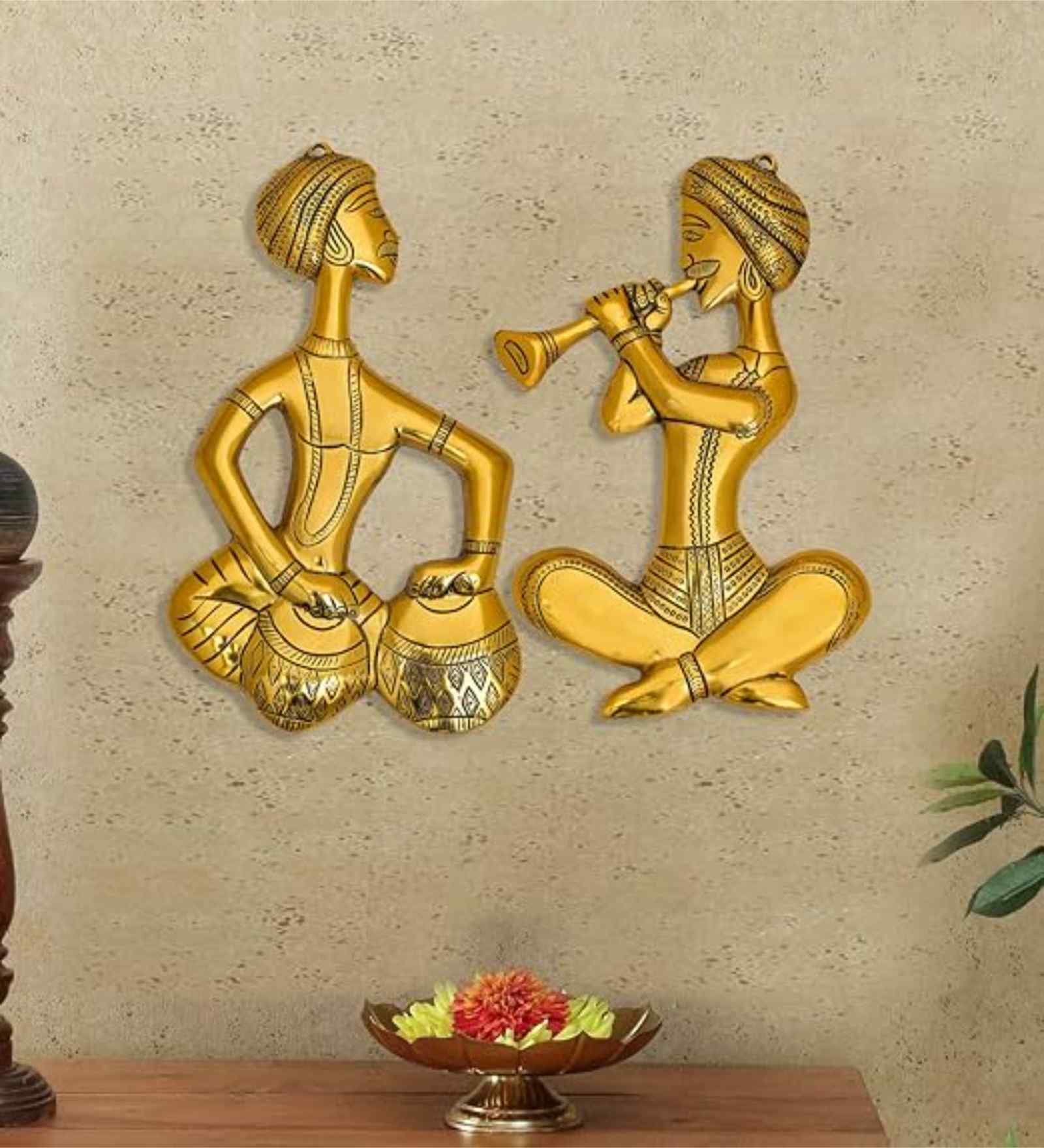 Set of 2 Musicians Metal Wall Hanging Decorative Showpiece-32 cm  (Metal, Gold)