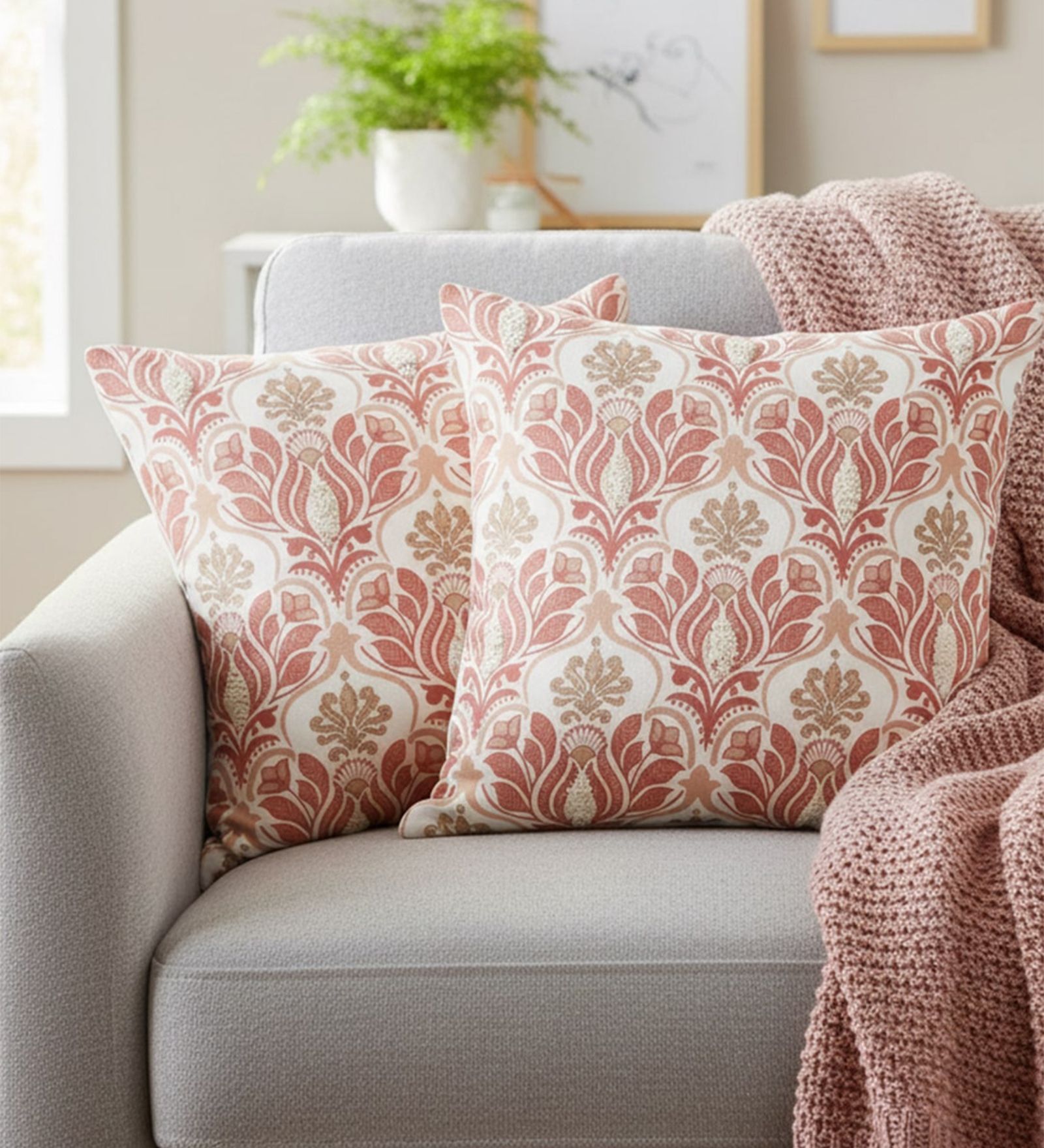 Set of 2 Ornate Damask Throw Cushion Covers (18x18)