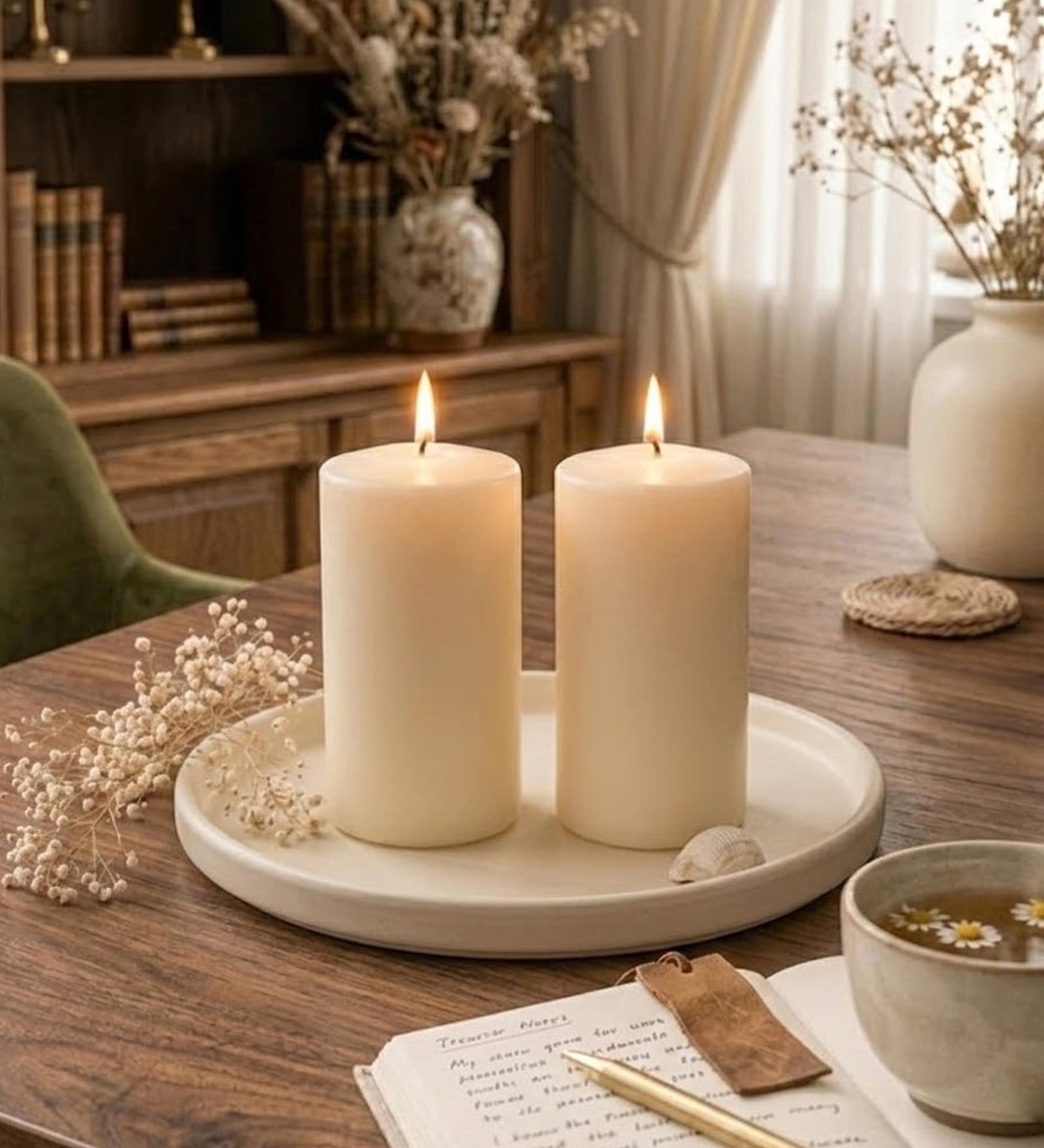 Set of 2 Pillar Candles Off White Unscented. Candle