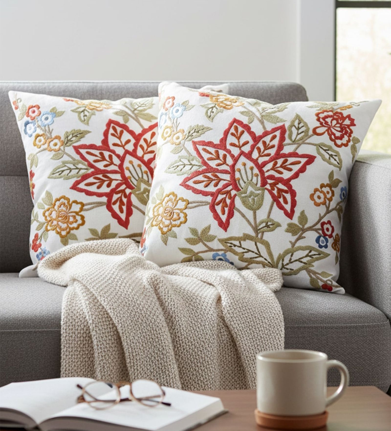 Set of 2 Rich Embroidered Floral Throw Cushion Covers (18x18)