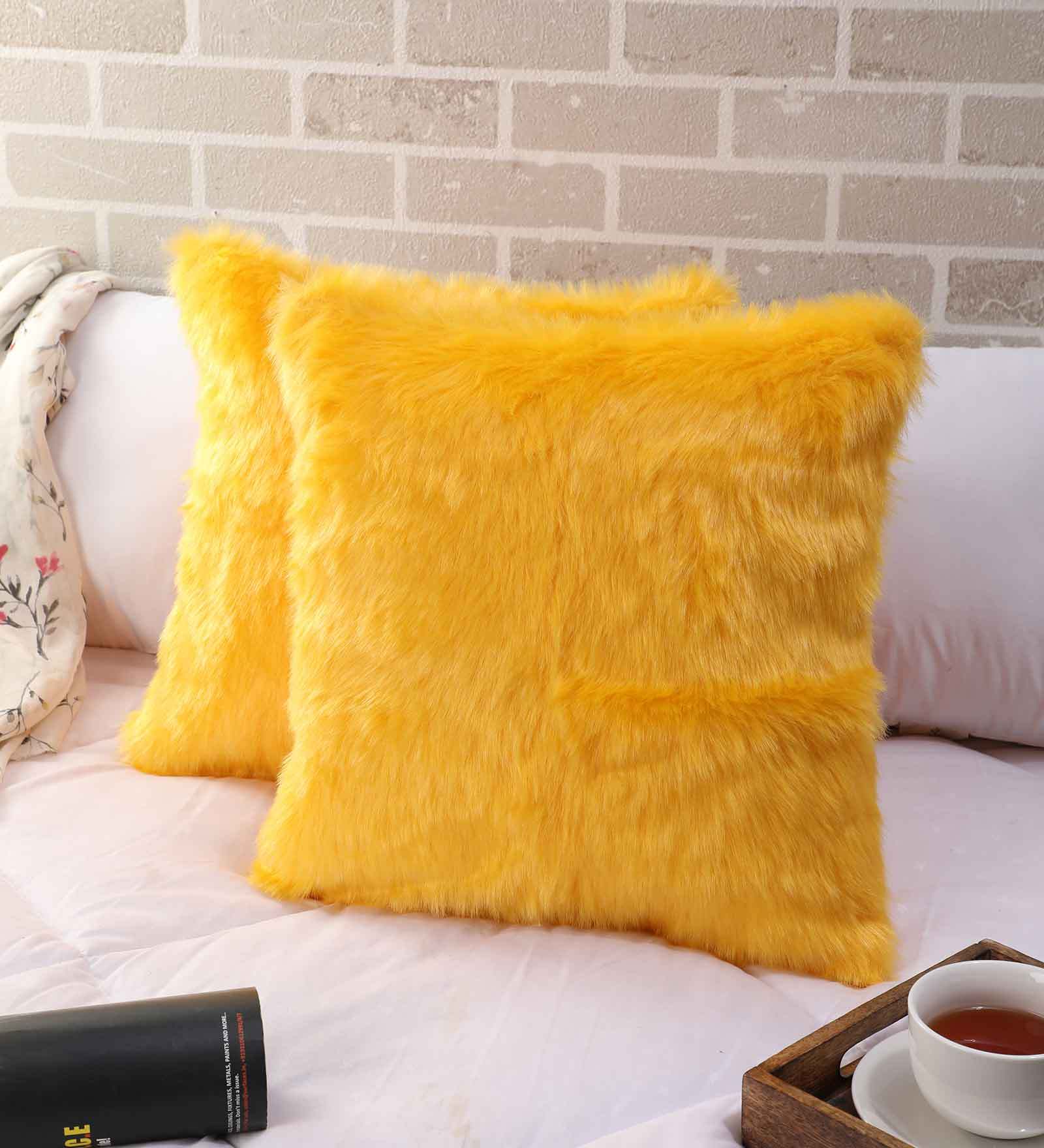 Set of 2 Solid Colour Fur Yellow Cushion Covers 16 x 16 inches
