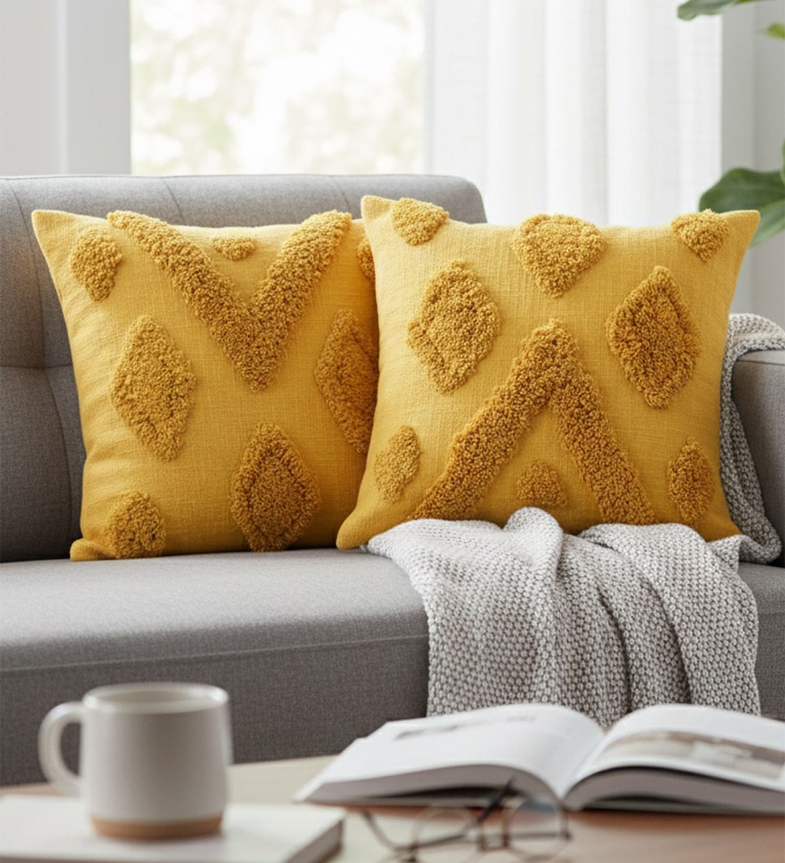 Set of 2 Sunny Yellow Tufted Throw Cushion Covers (18x18)
