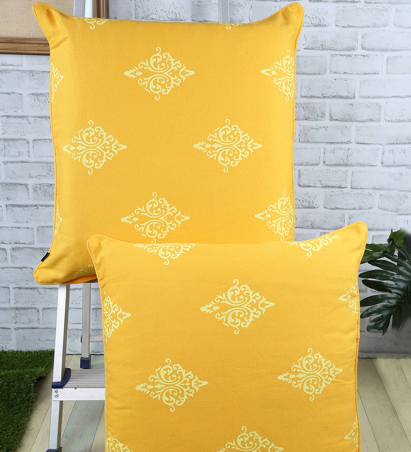 Yellow Traditional Cotton 24 x 24 Inches Cushion Covers (Set of 2)
