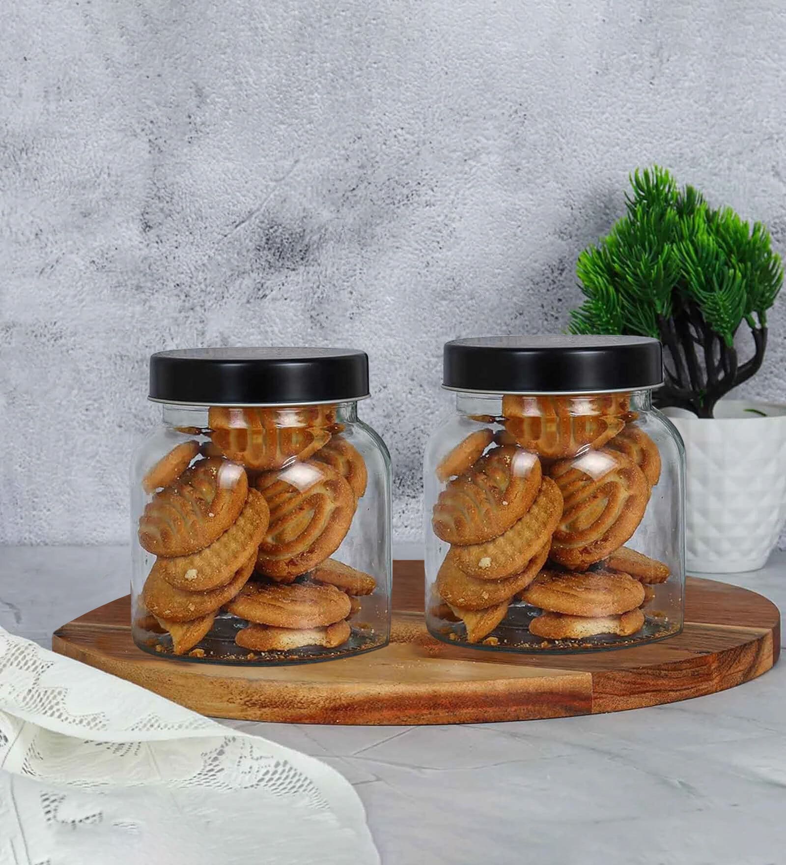Set Of 2 Transparent 700ml Glass Kitchen Storage with Black Lid (Free Replacement of Lids)