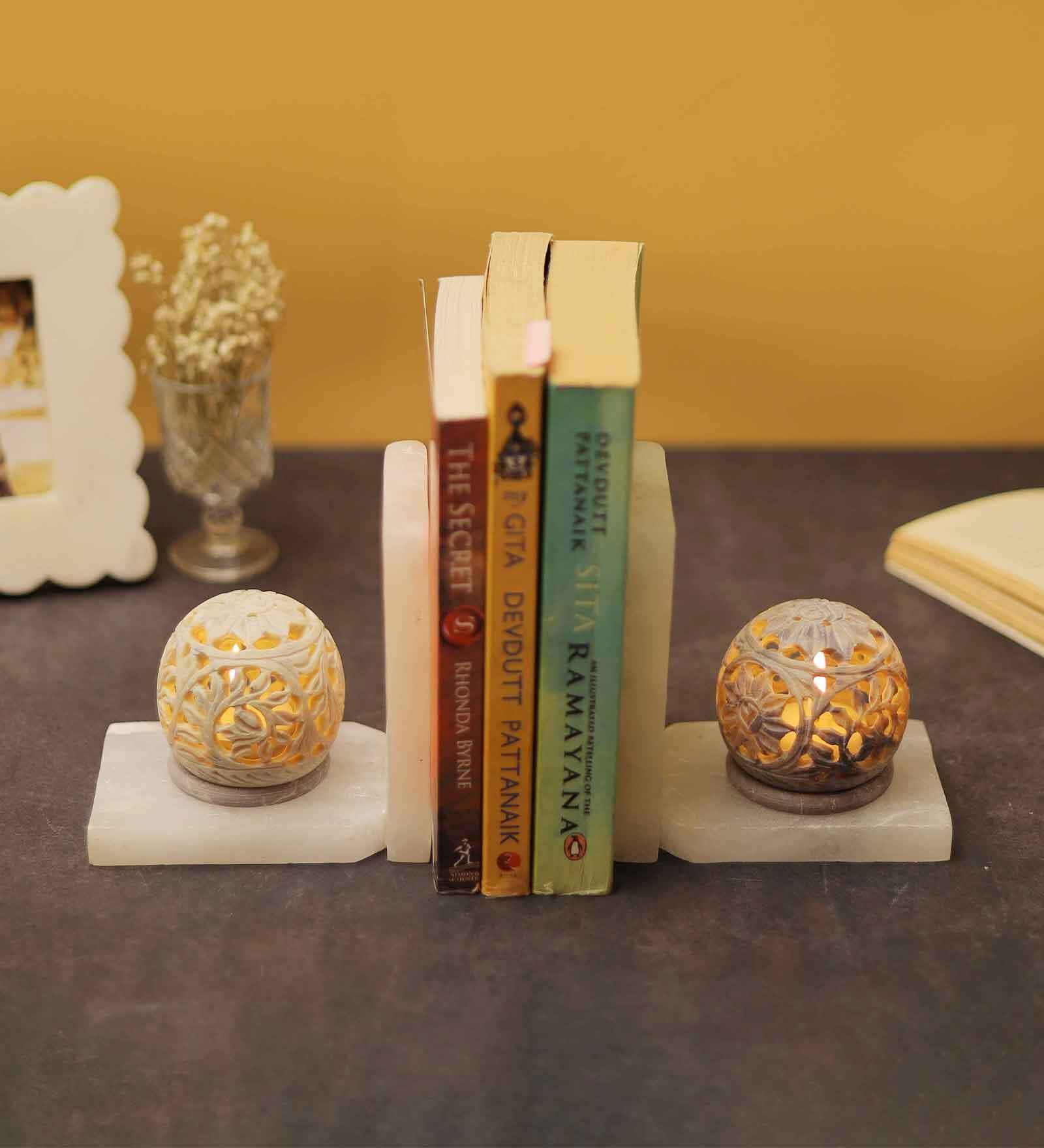 Set Of 2 White Soapstone & Marble Bookends