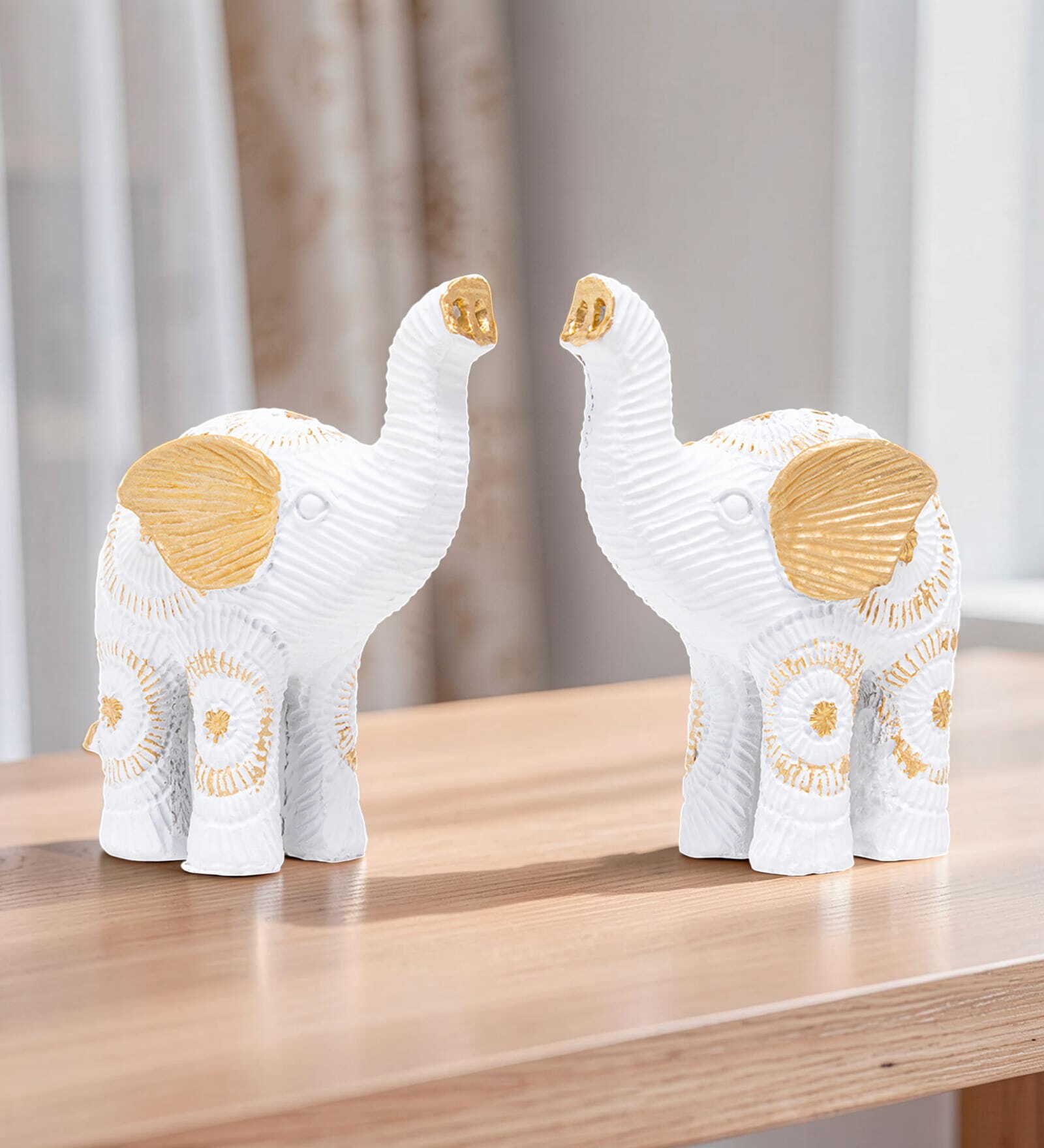Set of 2 White and Gold-toned Elephant Showpieces