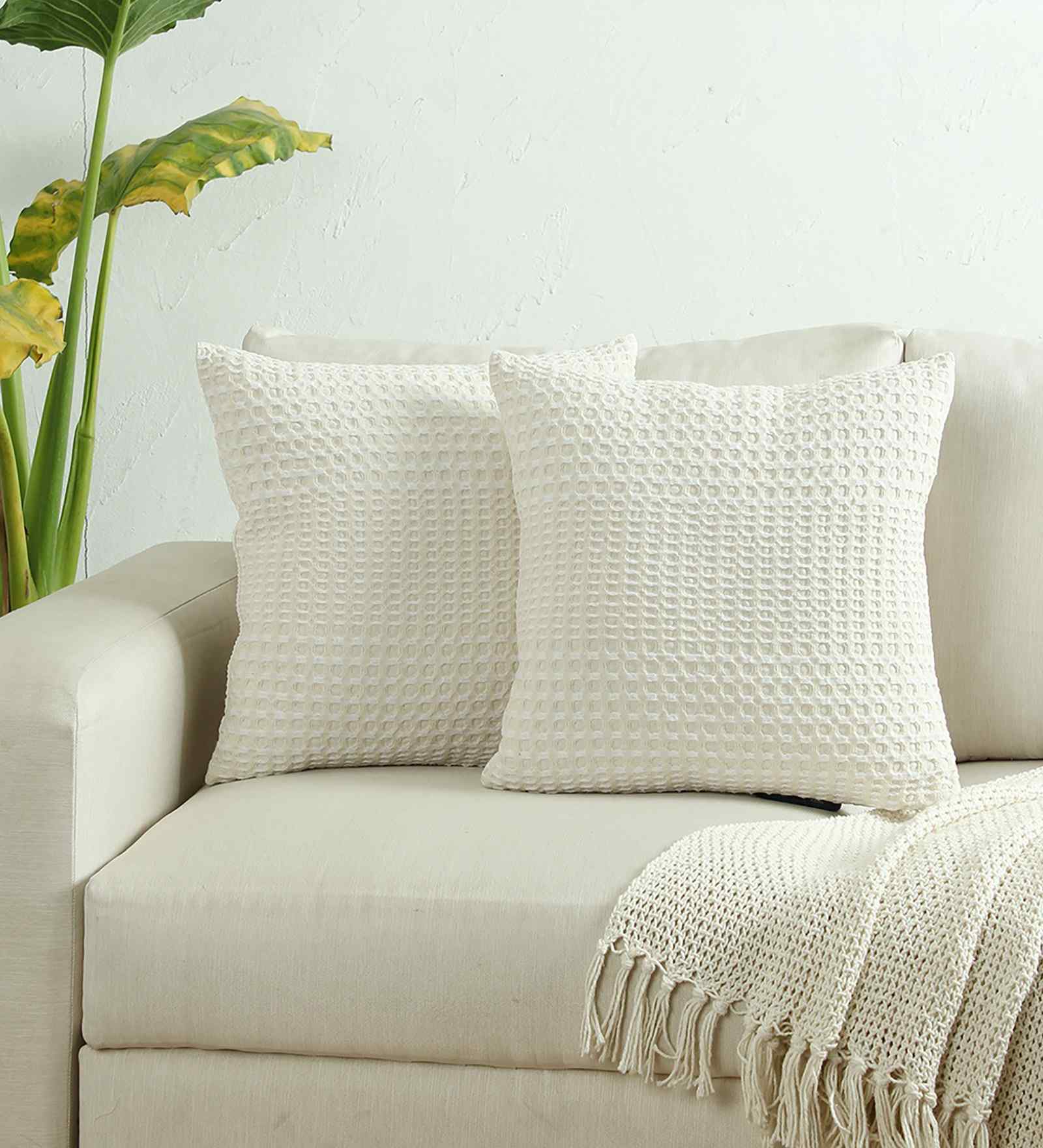 Set Of 2 White Cotton Solid Cushion Covers