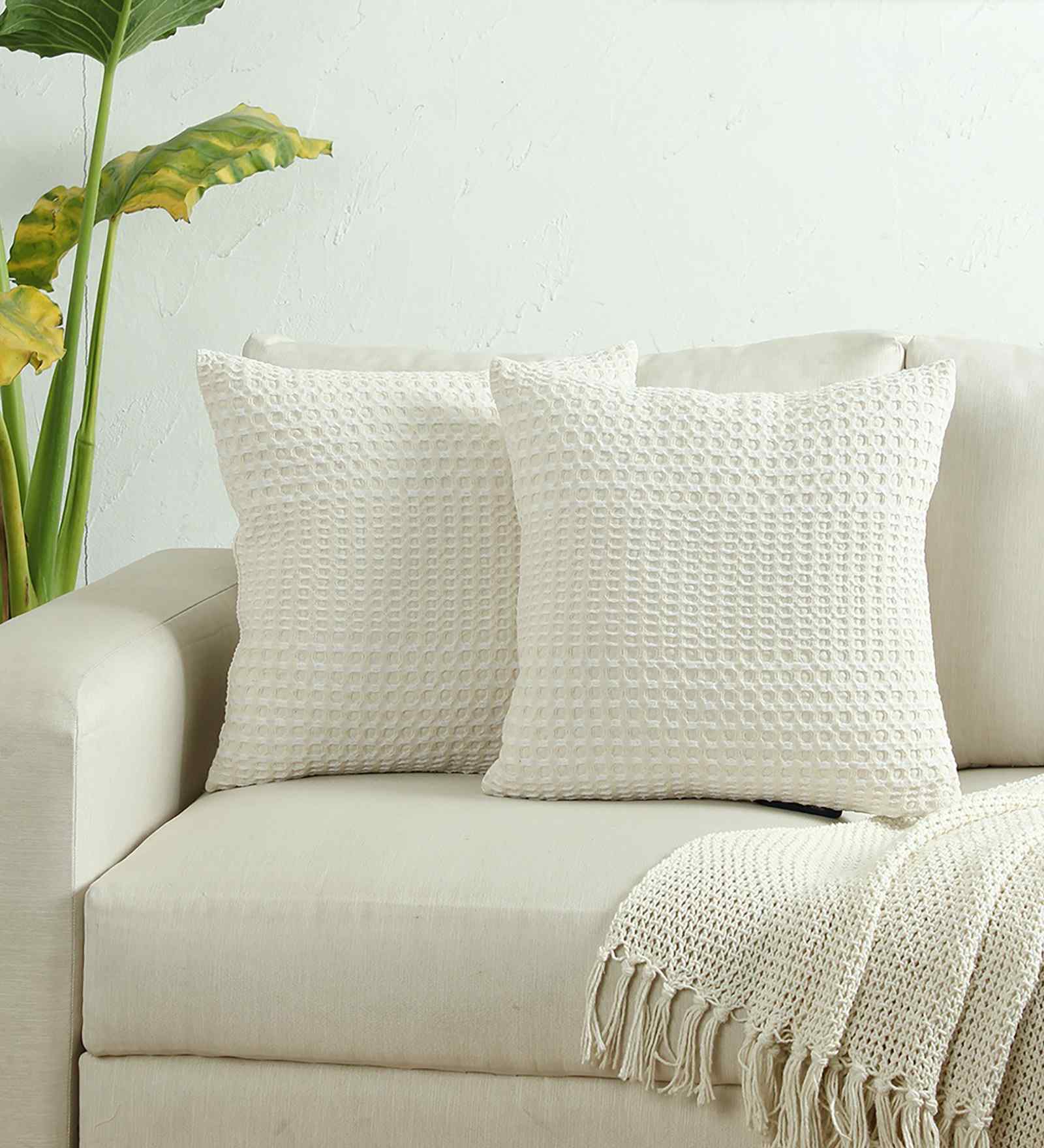 Set Of 2 White Cotton Solid Cushion Covers
