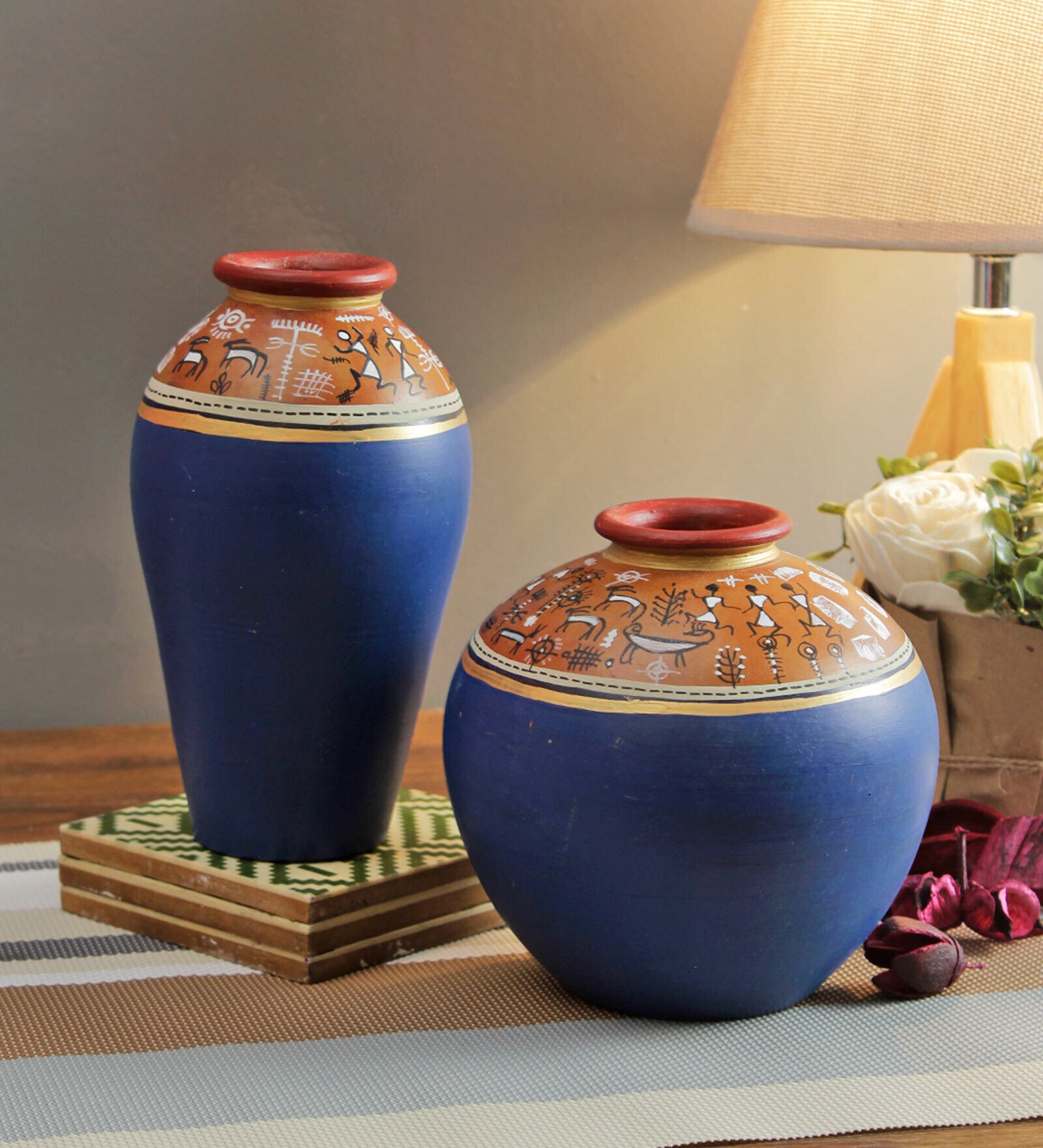 Set Of 2 Worli Style Handcrafted Terracotta Vases In Natural Colours