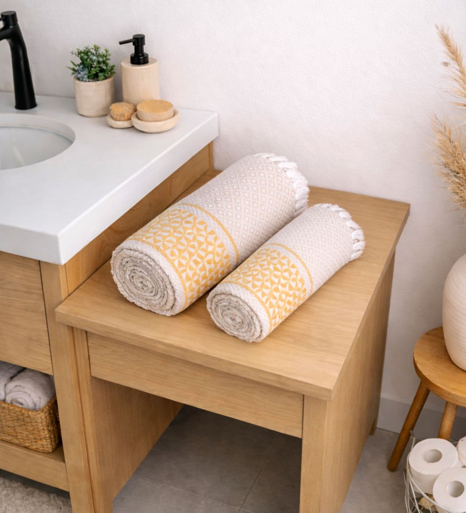 Set Of 2 Yellow Cotton Bath & Hand Towels Set