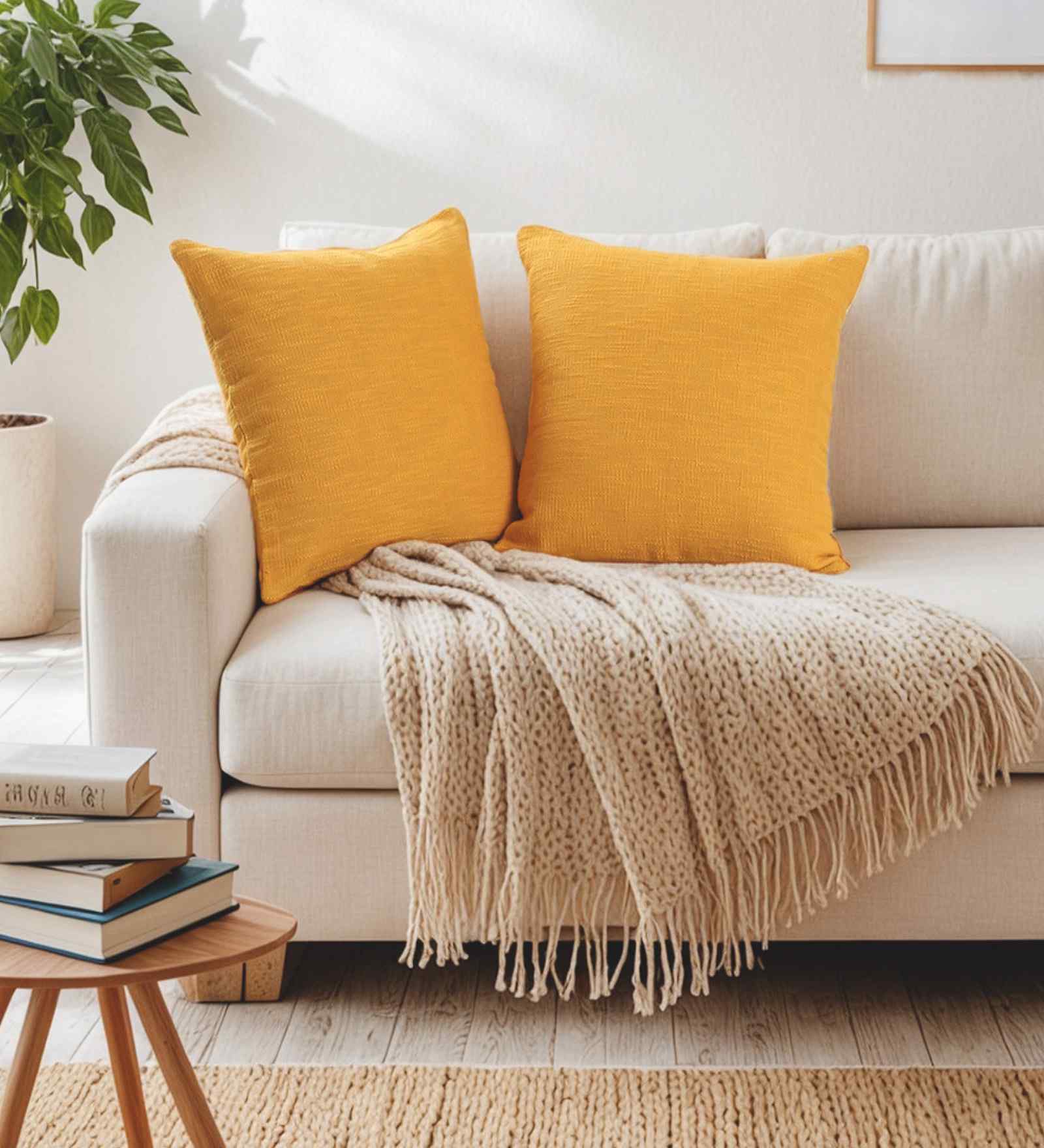 Set Of 2 Yellow Cotton Slub Solid Cushion Covers