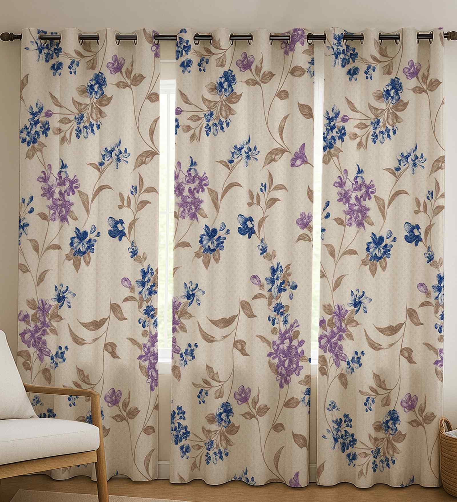 Purple Cotton Floral 9ft Eyelet Long Door Curtains (3 Pcs)