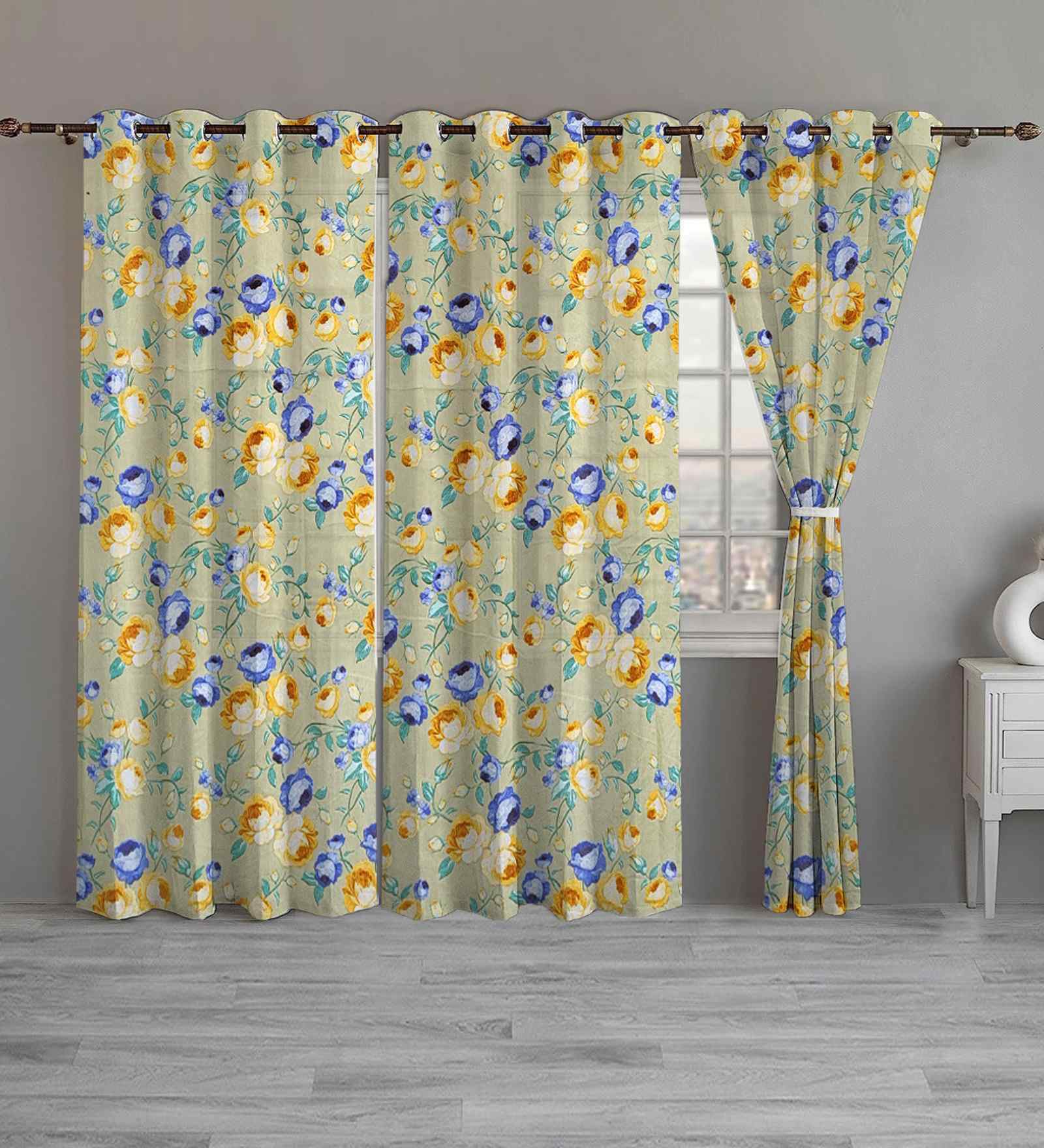 Beige Cotton Floral 9ft Eyelet Long Door Curtains (3 Pcs)