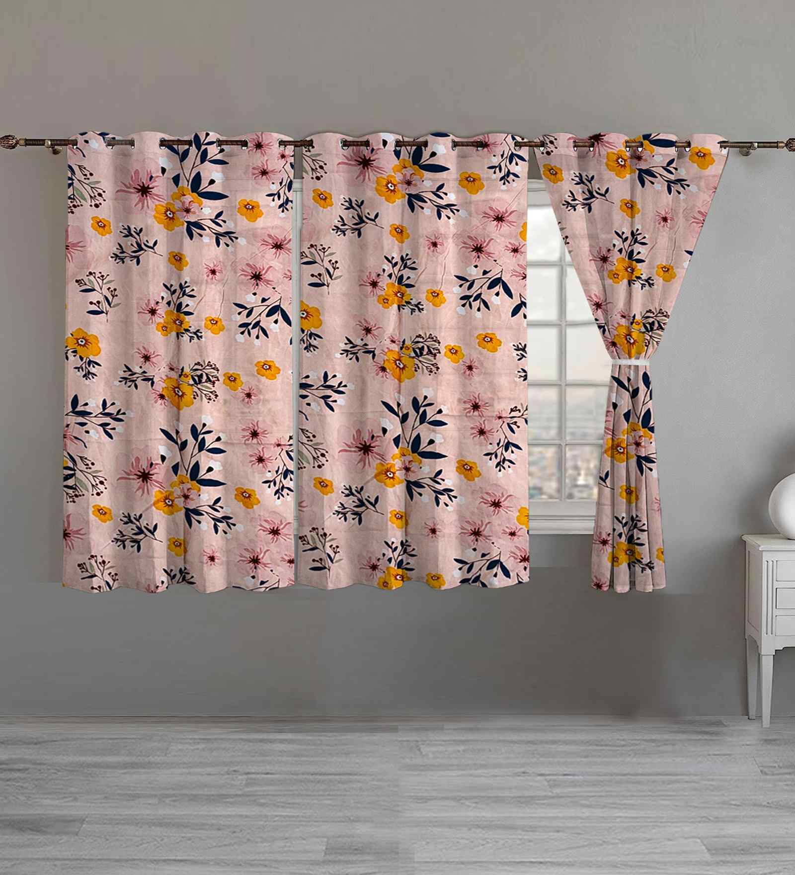 Multicolor Cotton Floral 5ft Eyelet Window Curtains (3 Pcs)