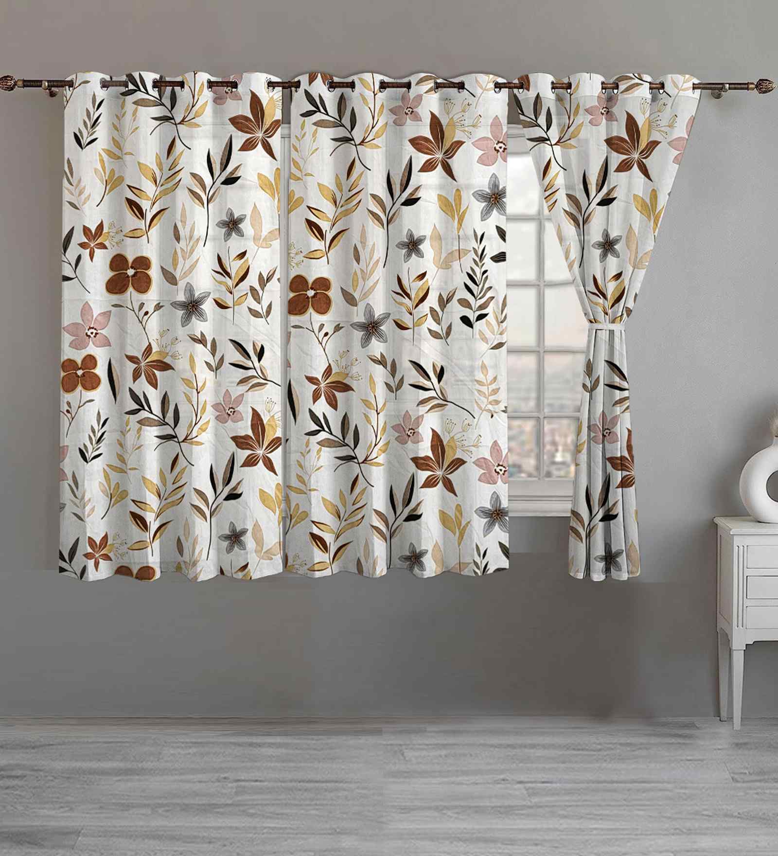 Beige Cotton Floral 5ft Eyelet Window Curtains (3 Pcs)