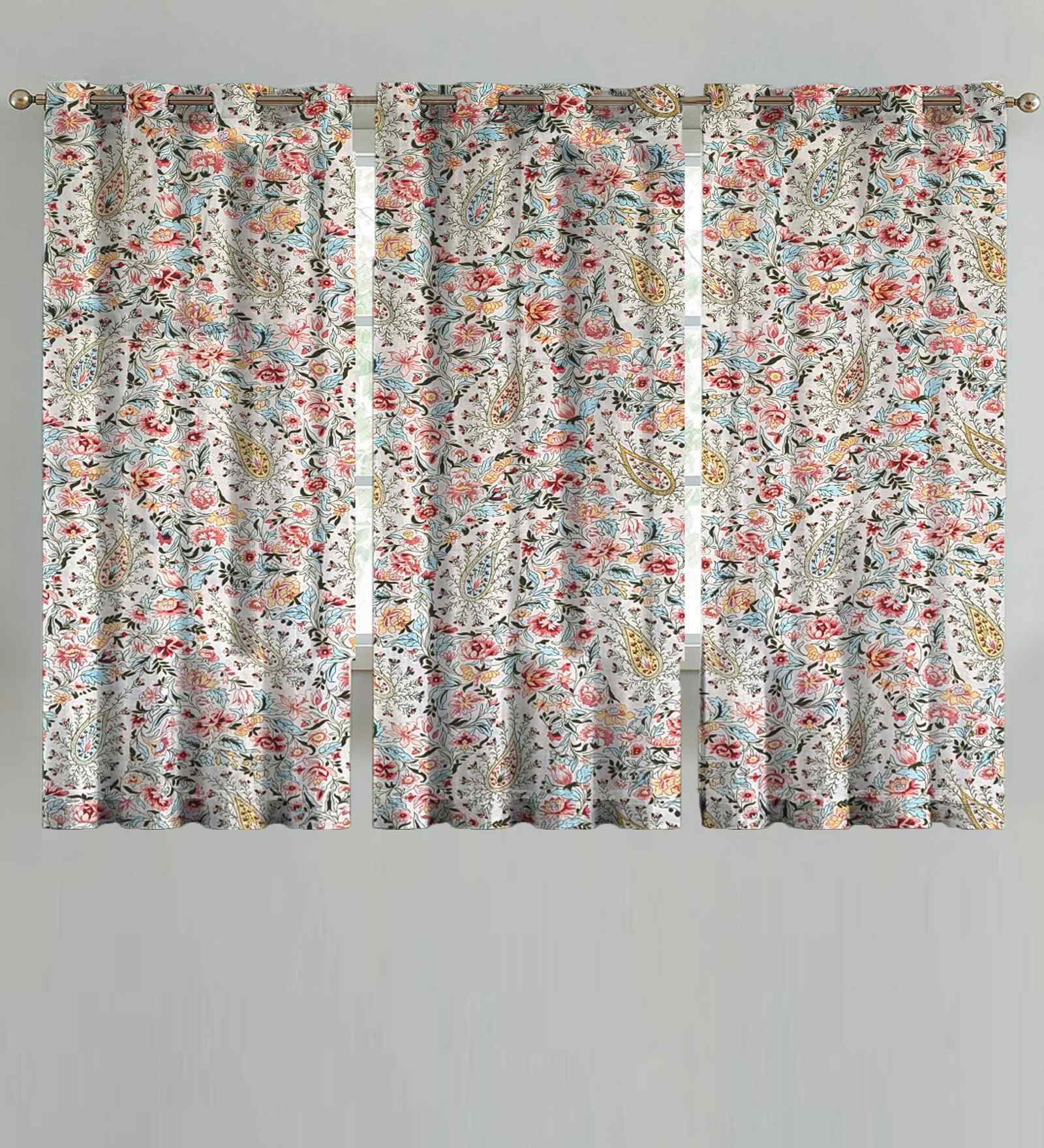Beige Cotton Floral 5ft Eyelet Window Curtains (3 Pcs)