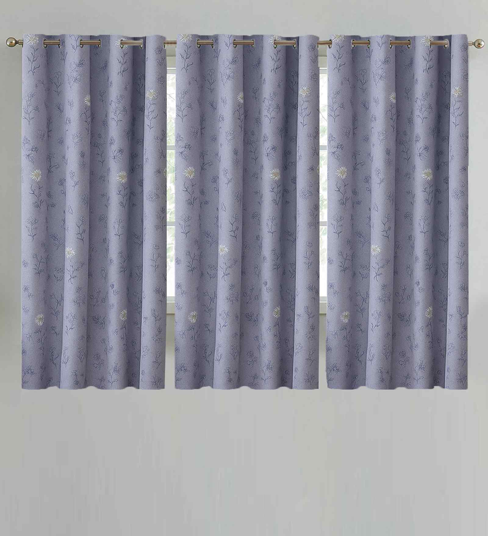 Grey Cotton Floral 5ft Eyelet Window Curtains (3 Pcs)