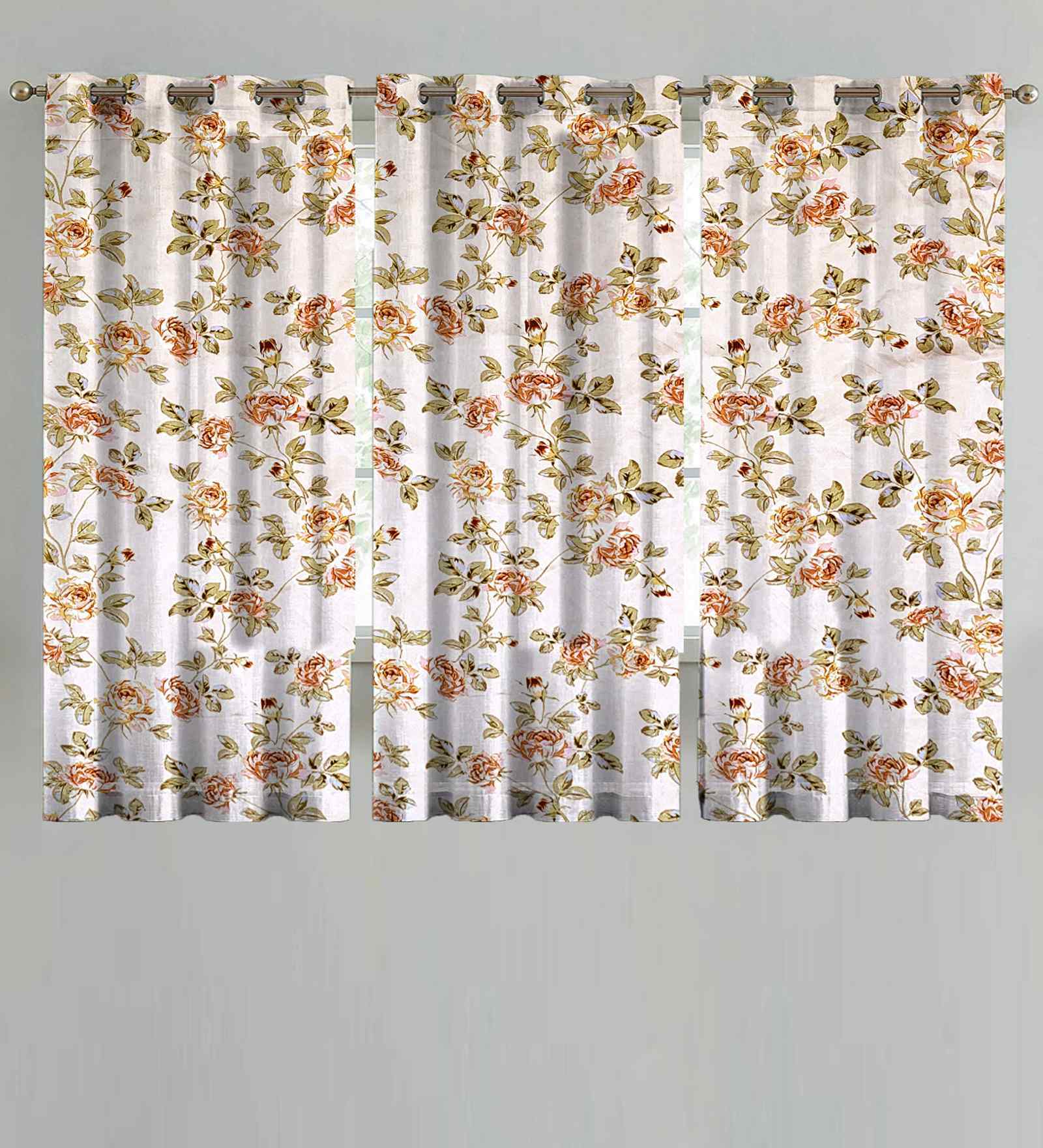 Beige Cotton Floral 5ft Eyelet Window Curtains (3 Pcs)