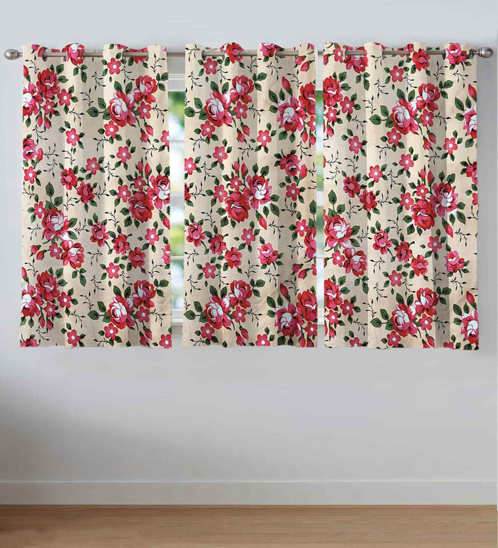 Pink Cotton Floral 5ft Window Curtains (3 Pcs)