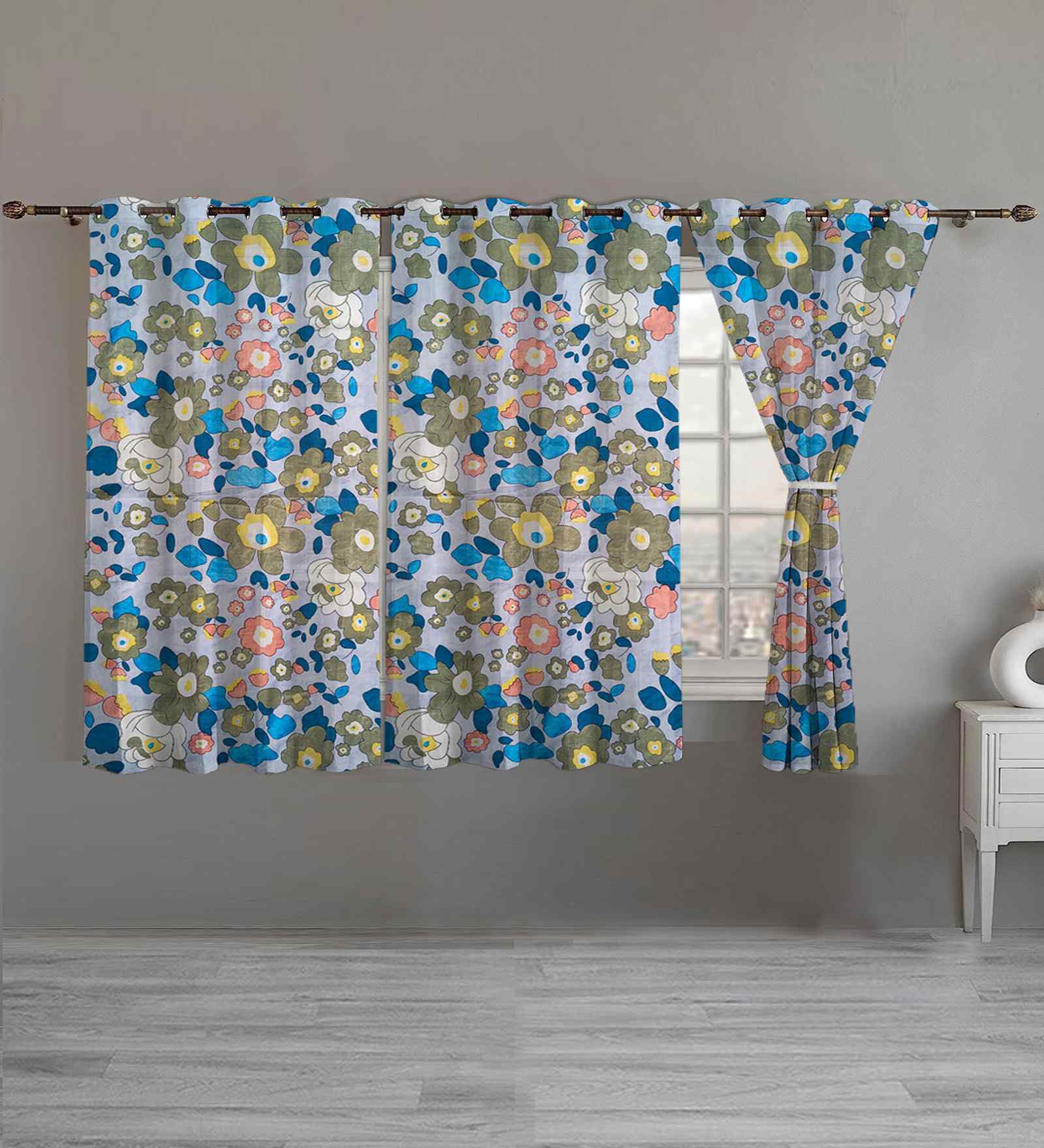 Multicolor Cotton Floral 5ft Window Curtains (3 Pcs)