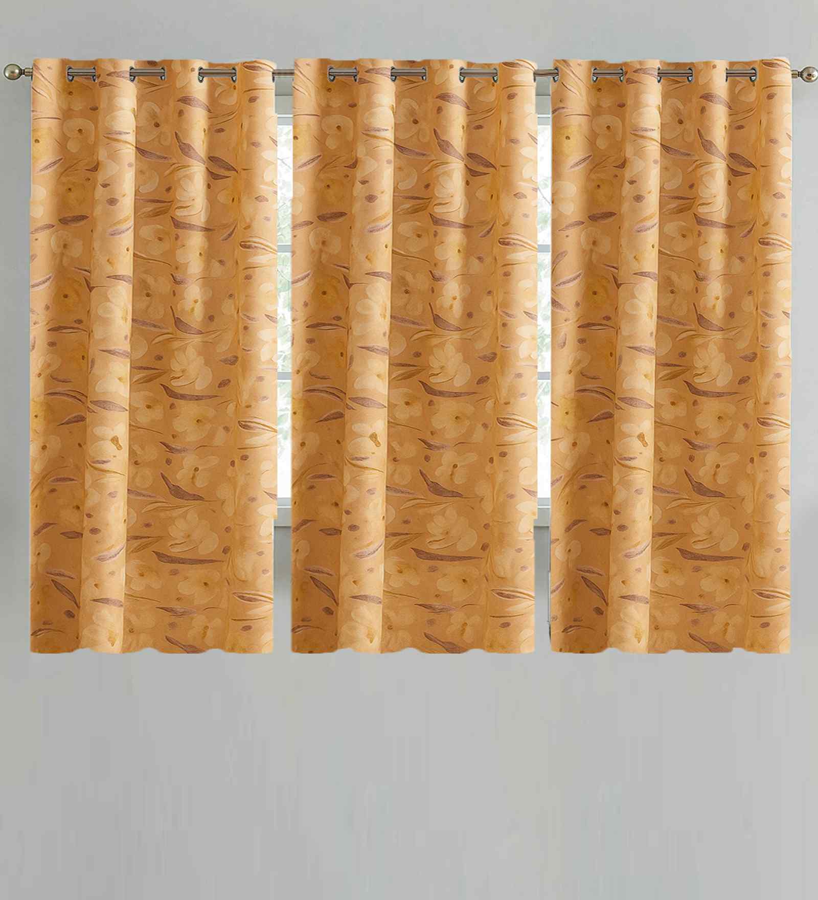 Mustard Cotton Floral 5ft Window Curtains (3 Pcs)