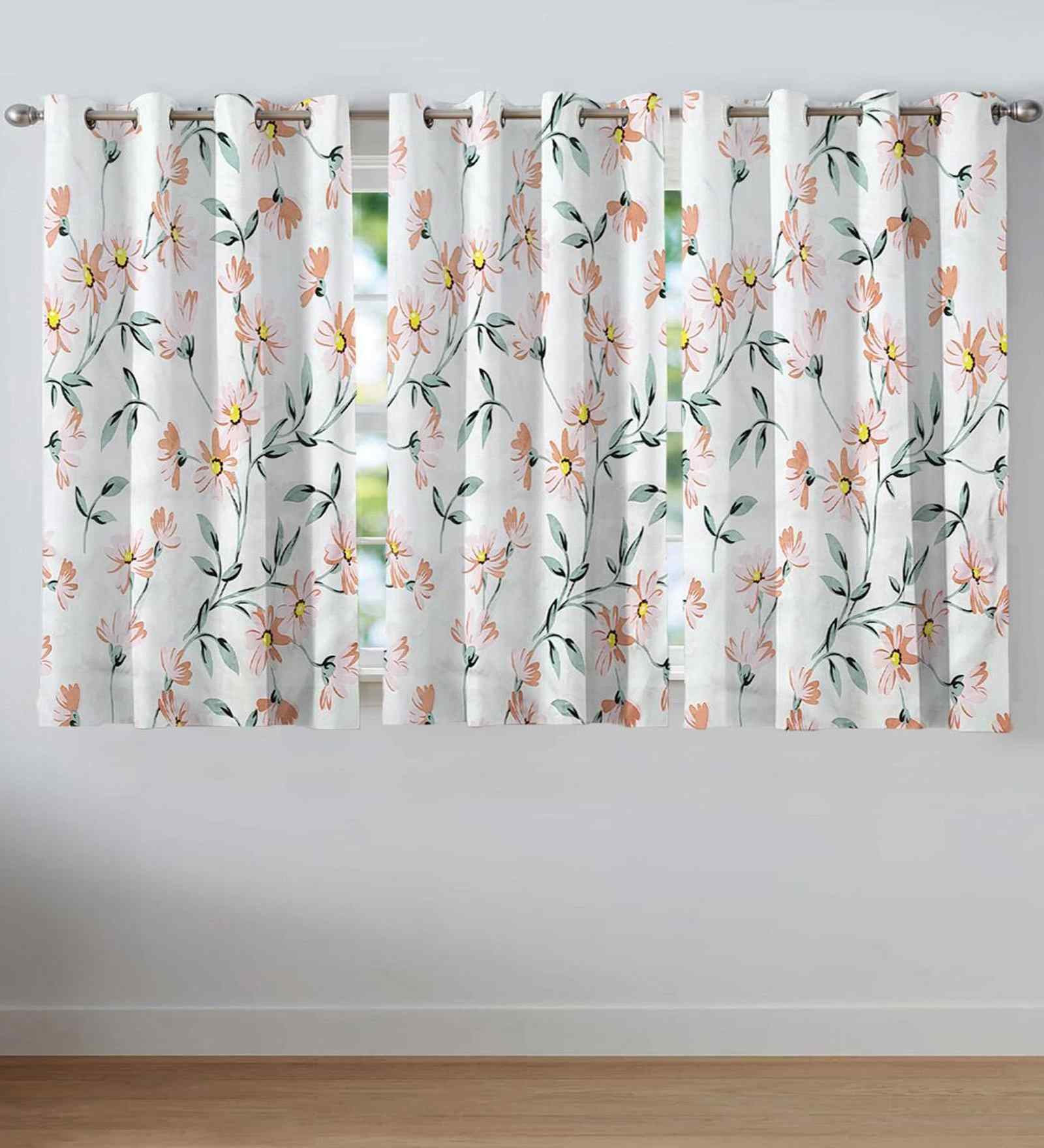 Multicolor Cotton Floral 5ft Window Curtains (3 Pcs)