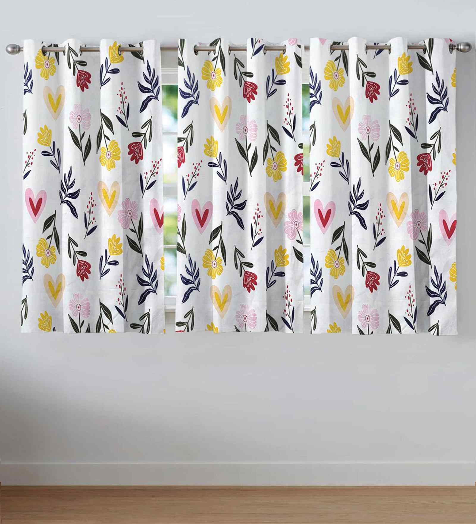 Multicolor Cotton Floral 5ft Window Curtains (3 Pcs)