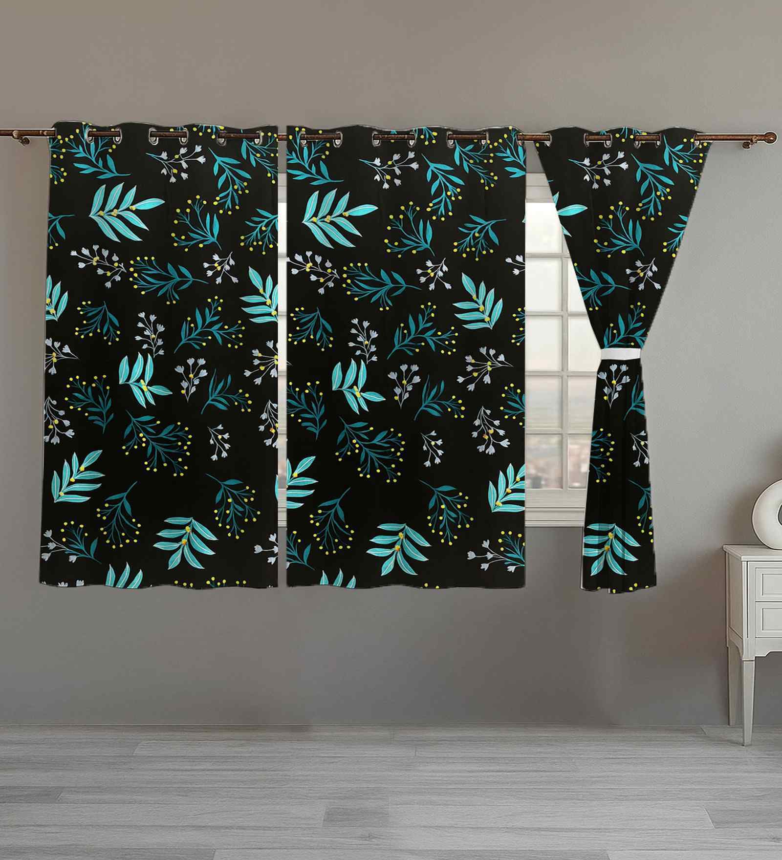 Black Cotton Floral 5ft Window Curtains (3 Pcs)