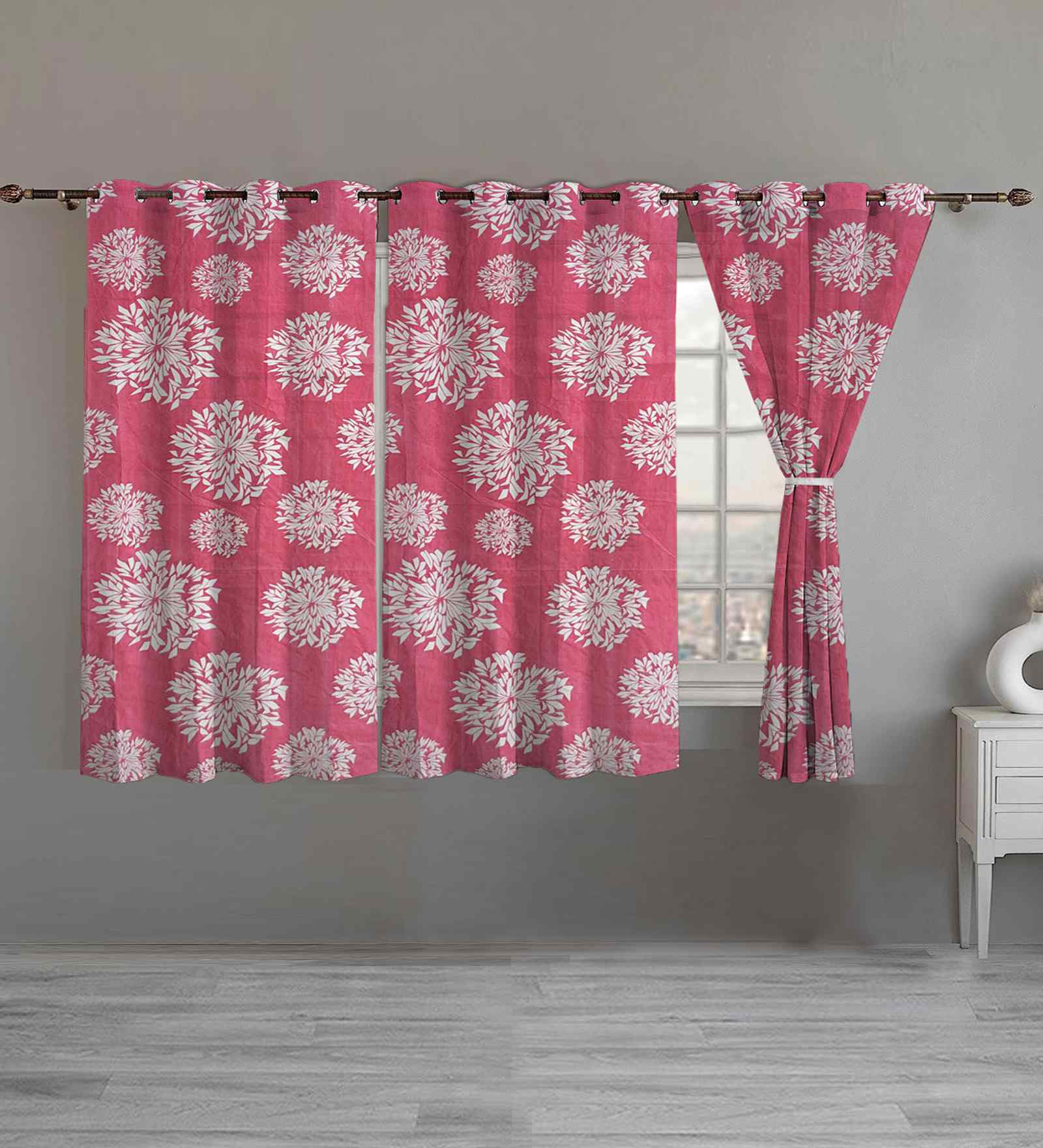 Pink Cotton Floral 5ft Window Curtains (3 Pcs)