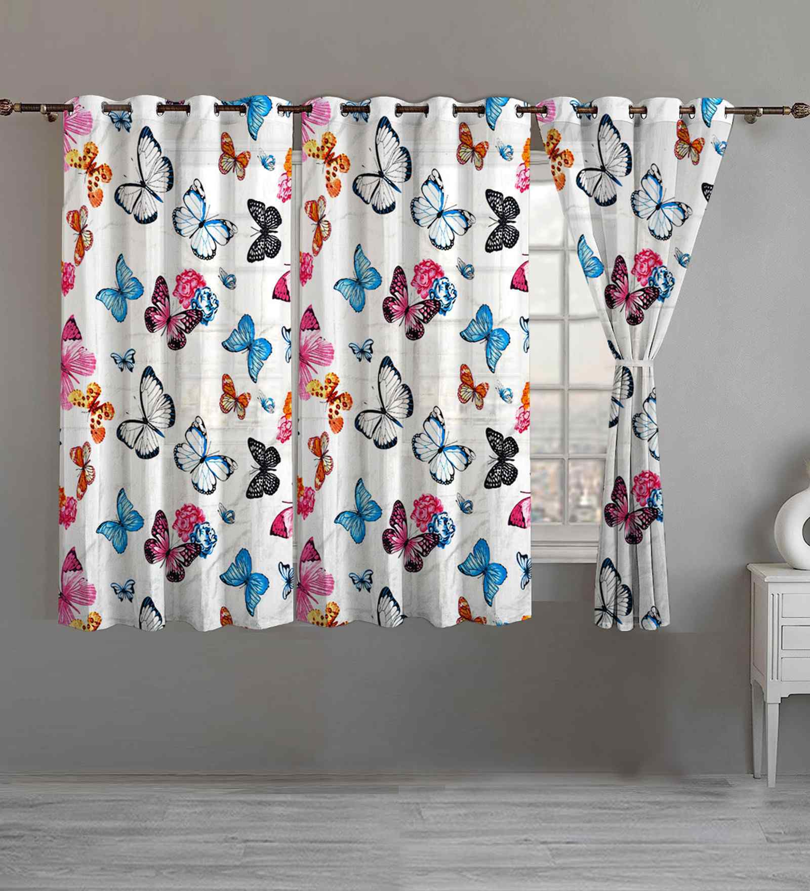 Butterfly Cotton Floral 5ft Window Curtains (3 Pcs)